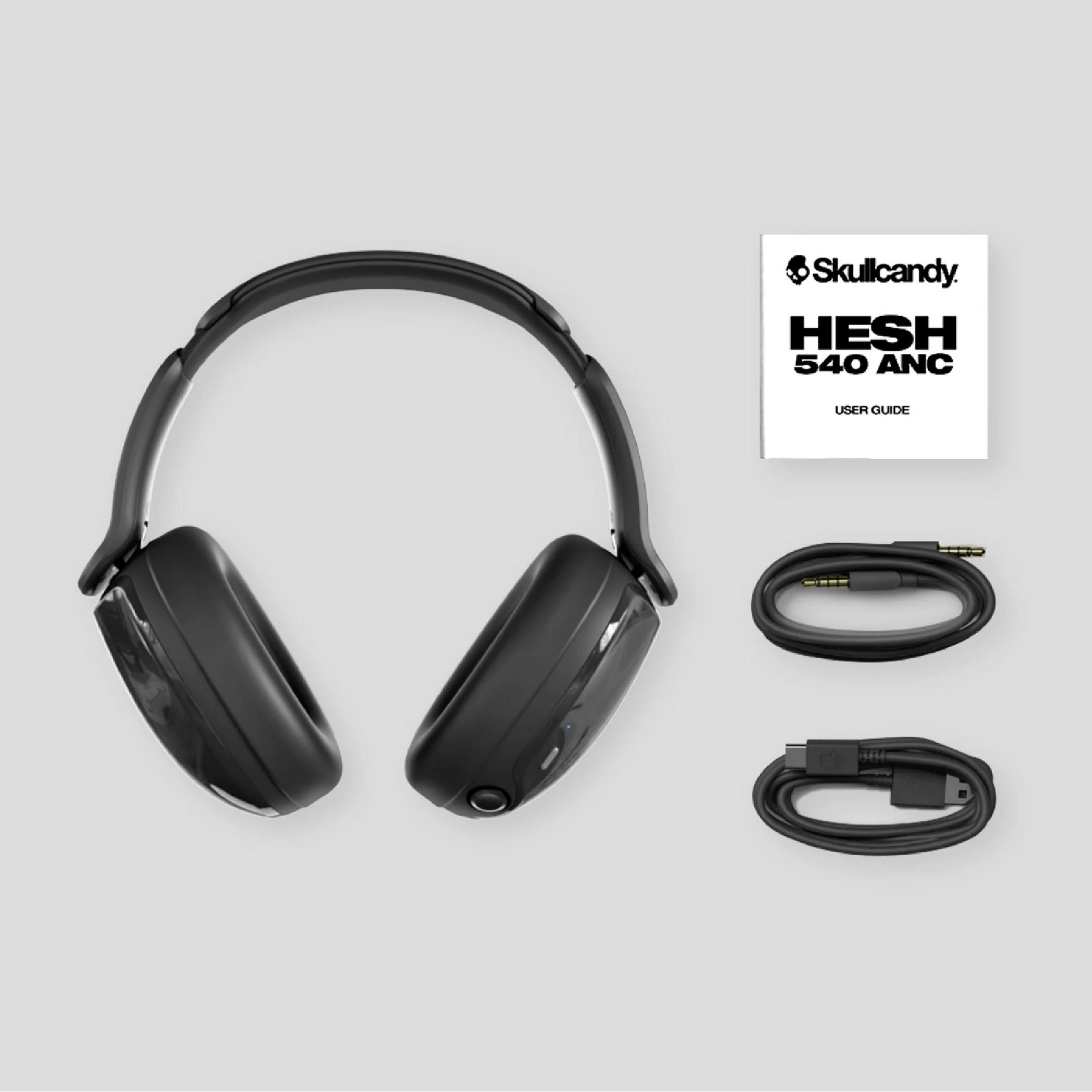 Cuffie Skullcandy Hesh 540 ANC nere con guida utente e cavi.