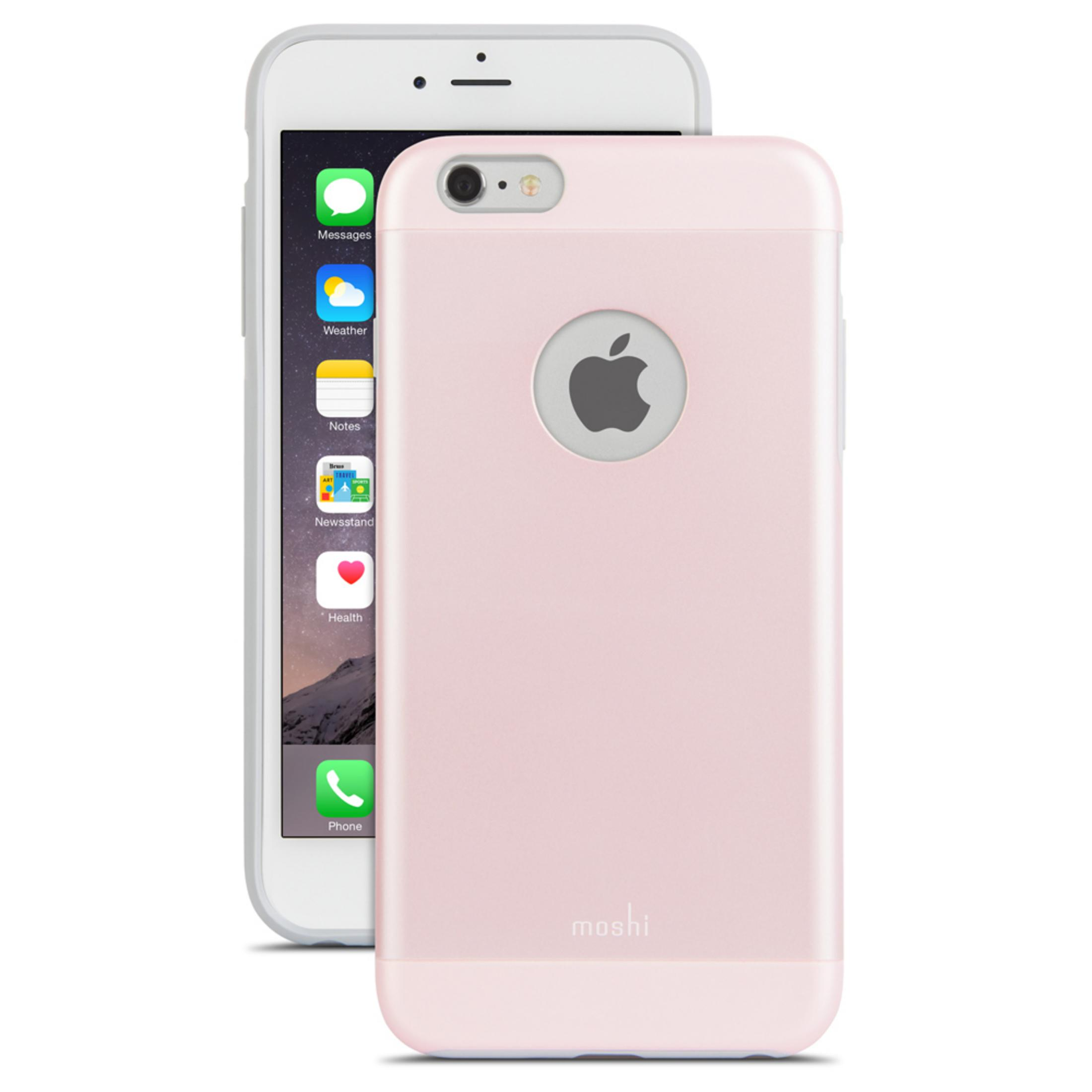 Una custodia rosa per iPhone con logo Apple poggia su un iPhone bianco.