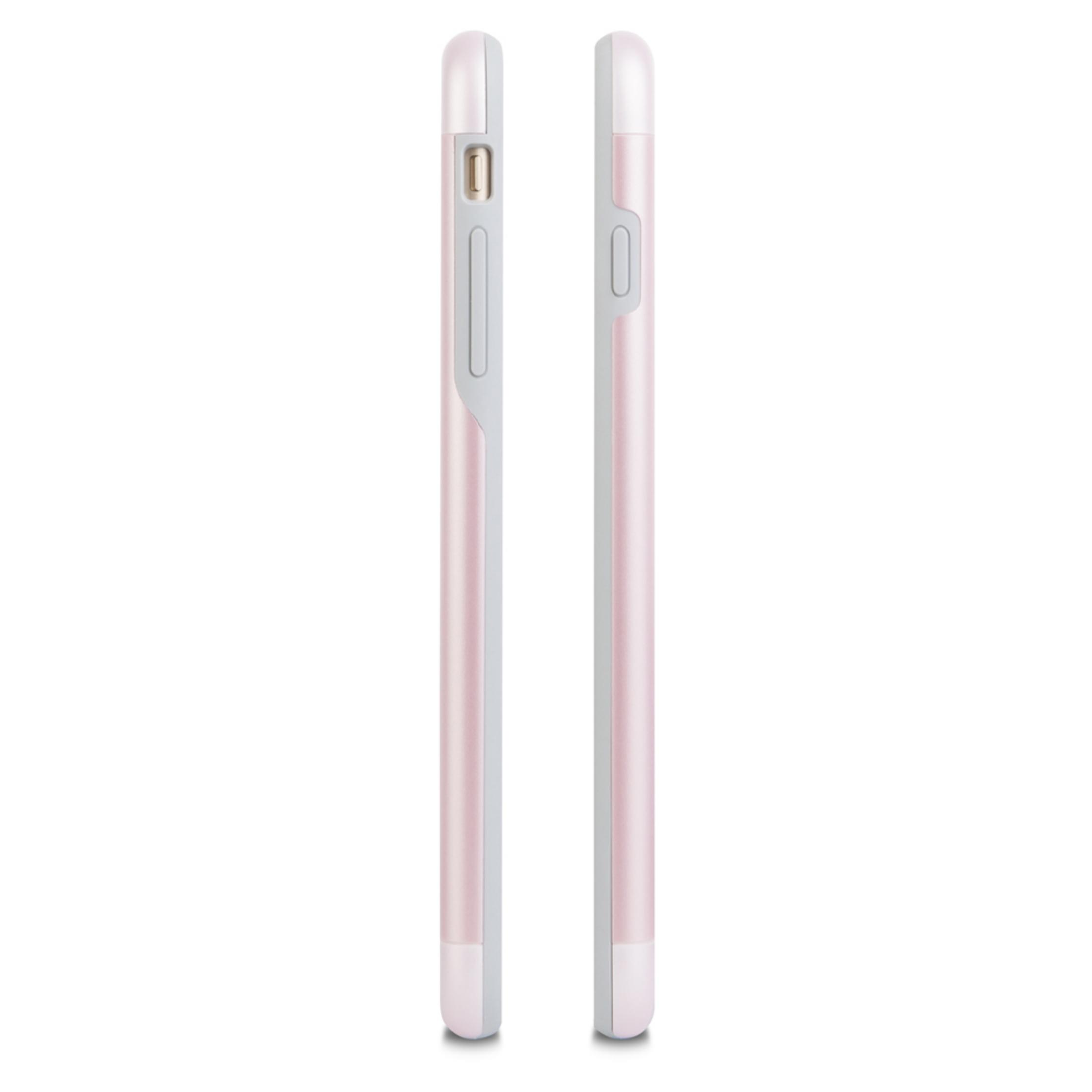 Due custodie per telefono rosa con accenti grigi su sfondo bianco.