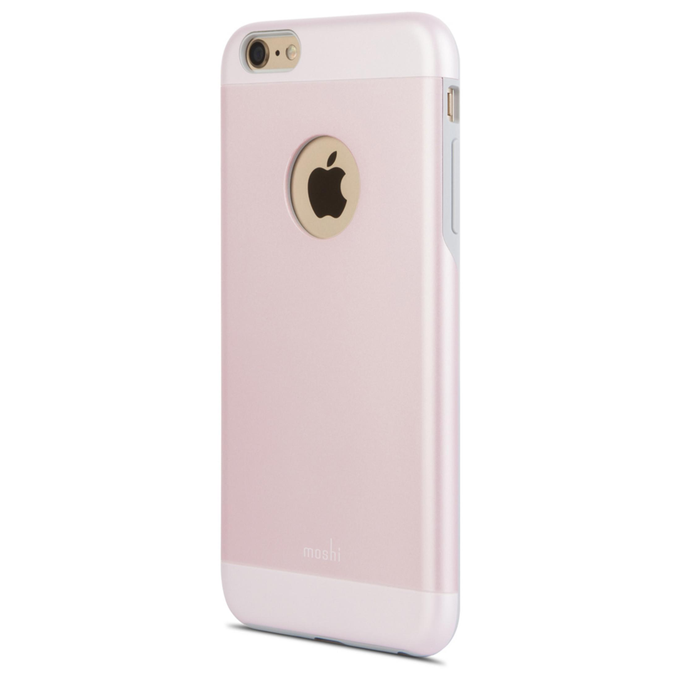 Una custodia rosa per iPhone con il logo Apple.