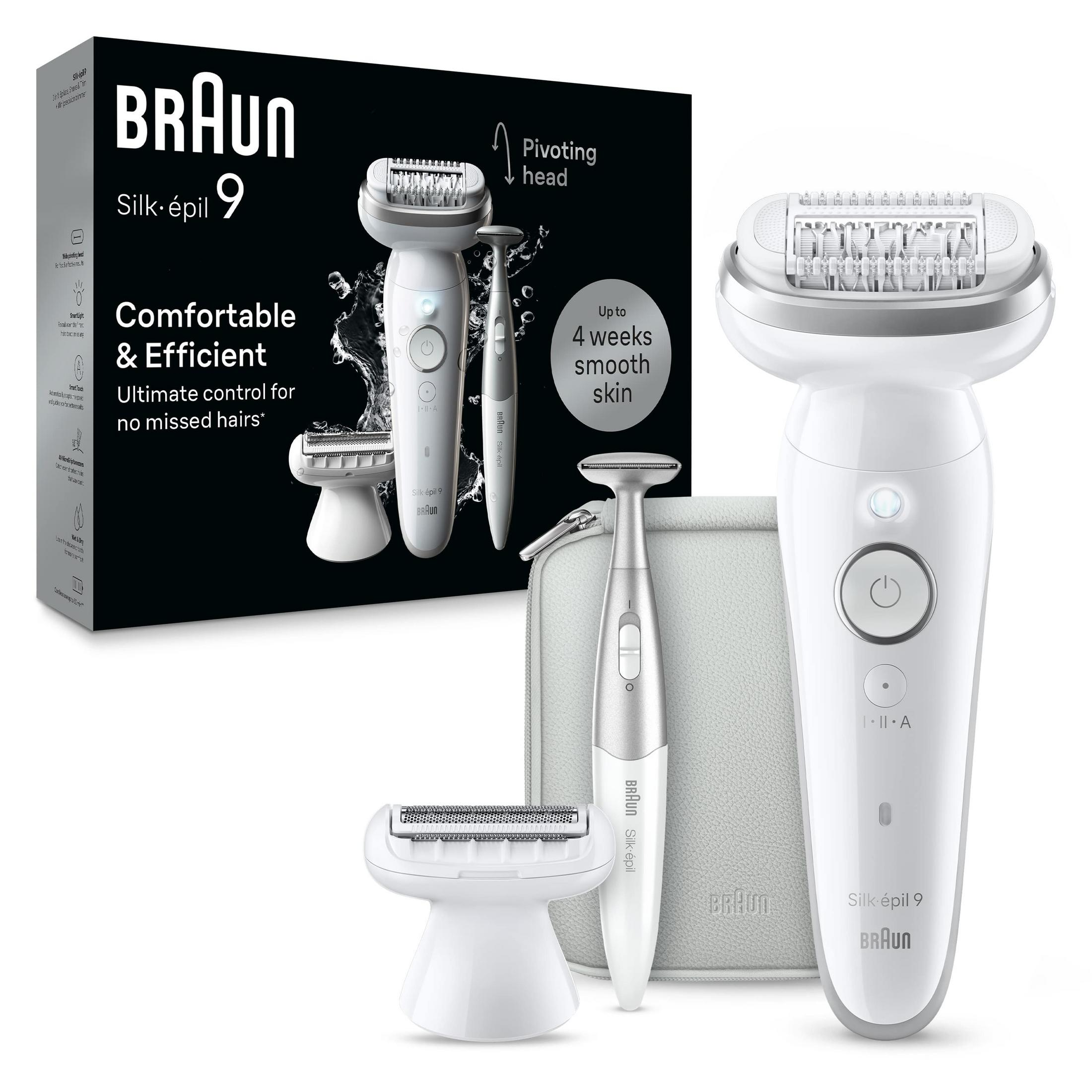 Braun Silk-épil 9 epilatör, tıraş makinesi ve düzeltici seti, aksesuarlar ve ambalaj ile.