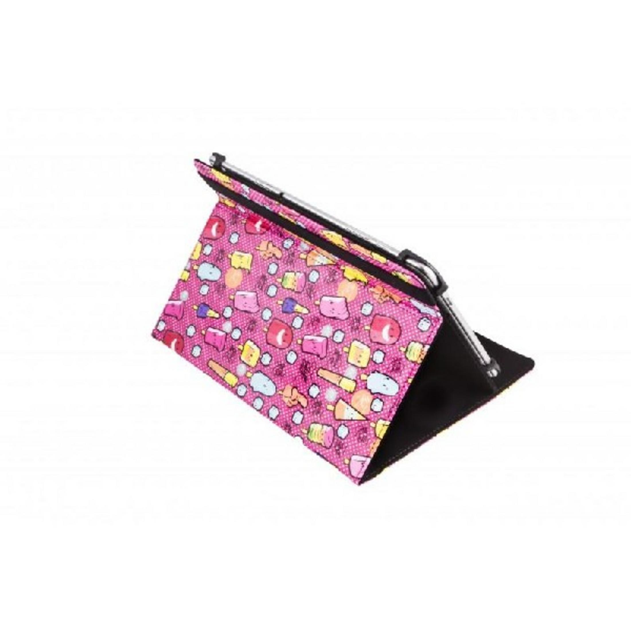 Una funda de tableta rosa con estampado de helados, de pie.
