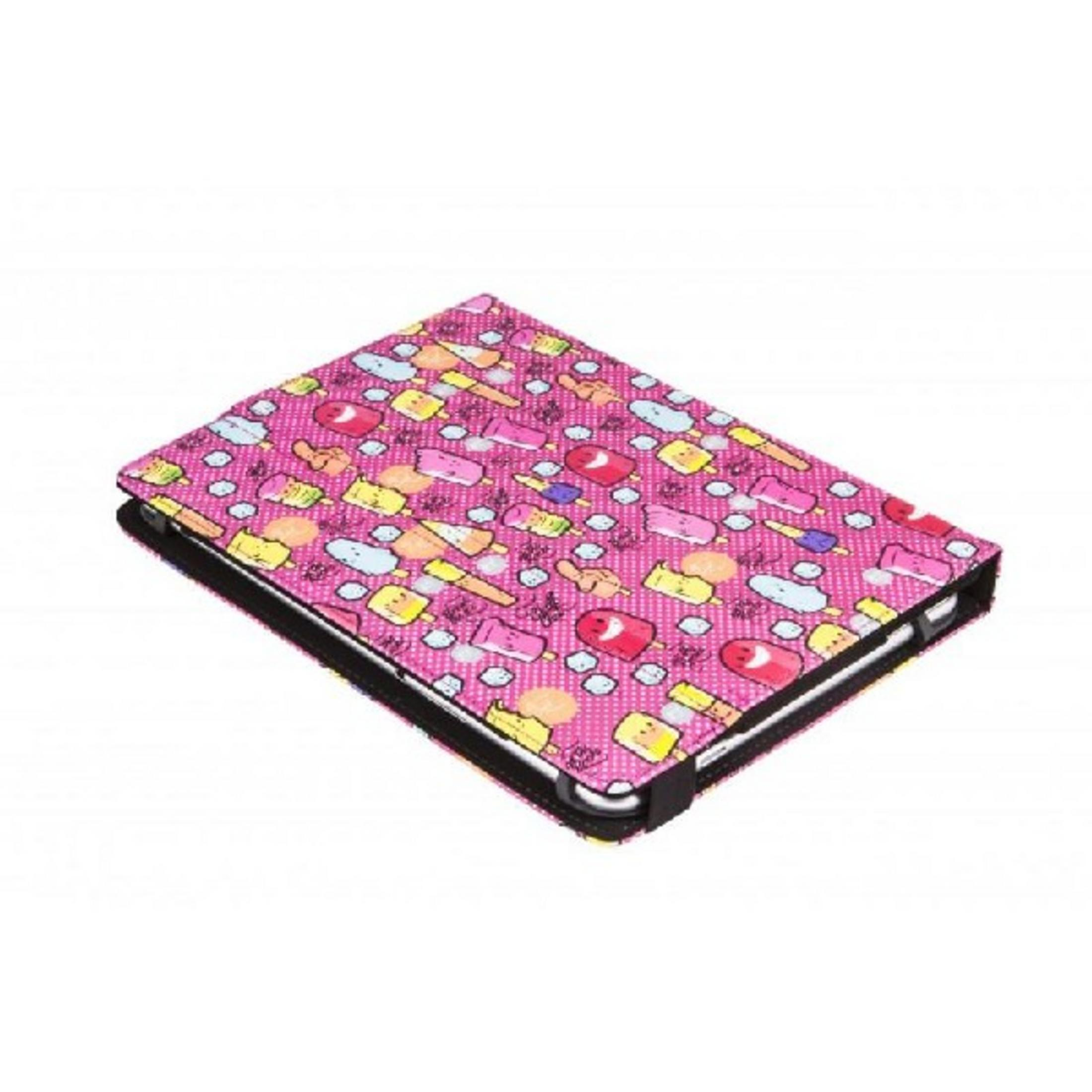 Una funda rosa para tableta con un patrón de paletas de hielo coloridas.