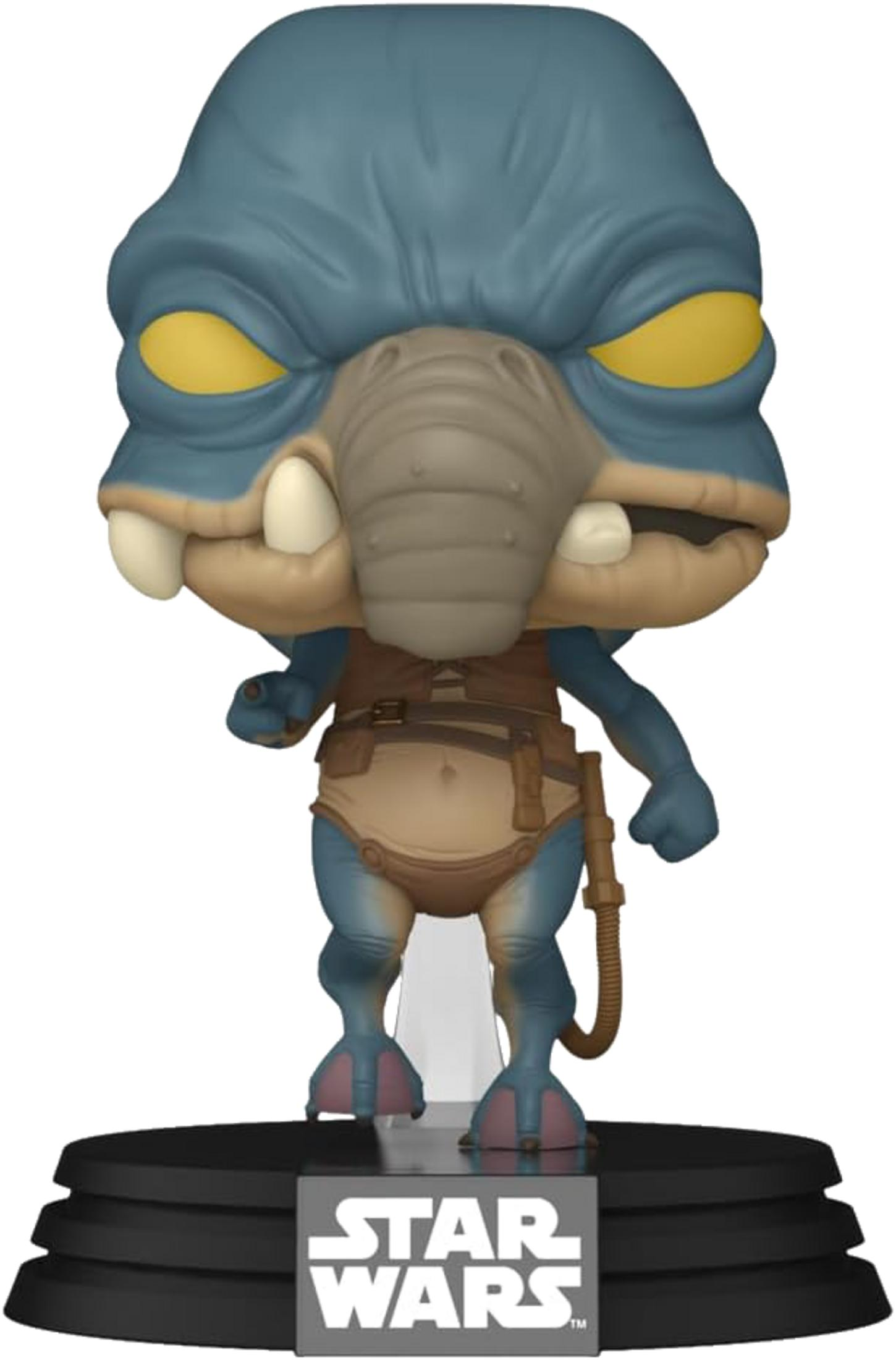 Una figura blu con occhi gialli e muso lungo sta su una base nera. Logo Star Wars.