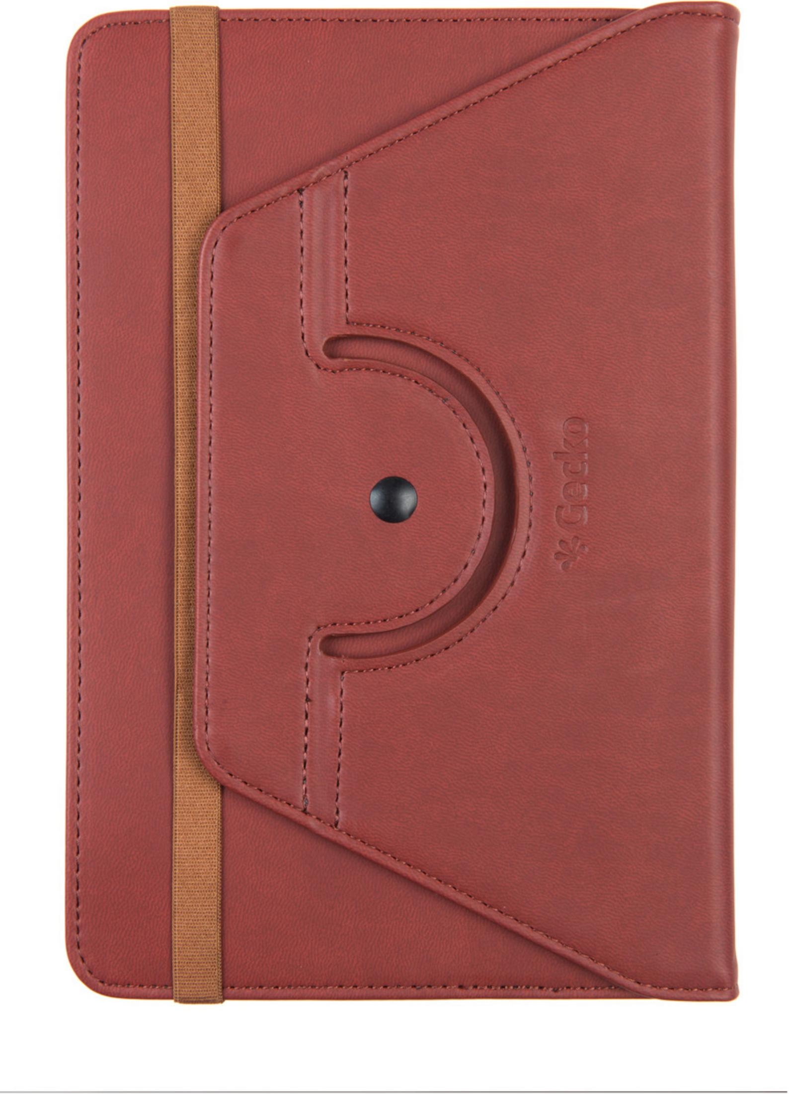 Braune Tablet-Hülle mit braunem Gurt und schwarzem Knopf.