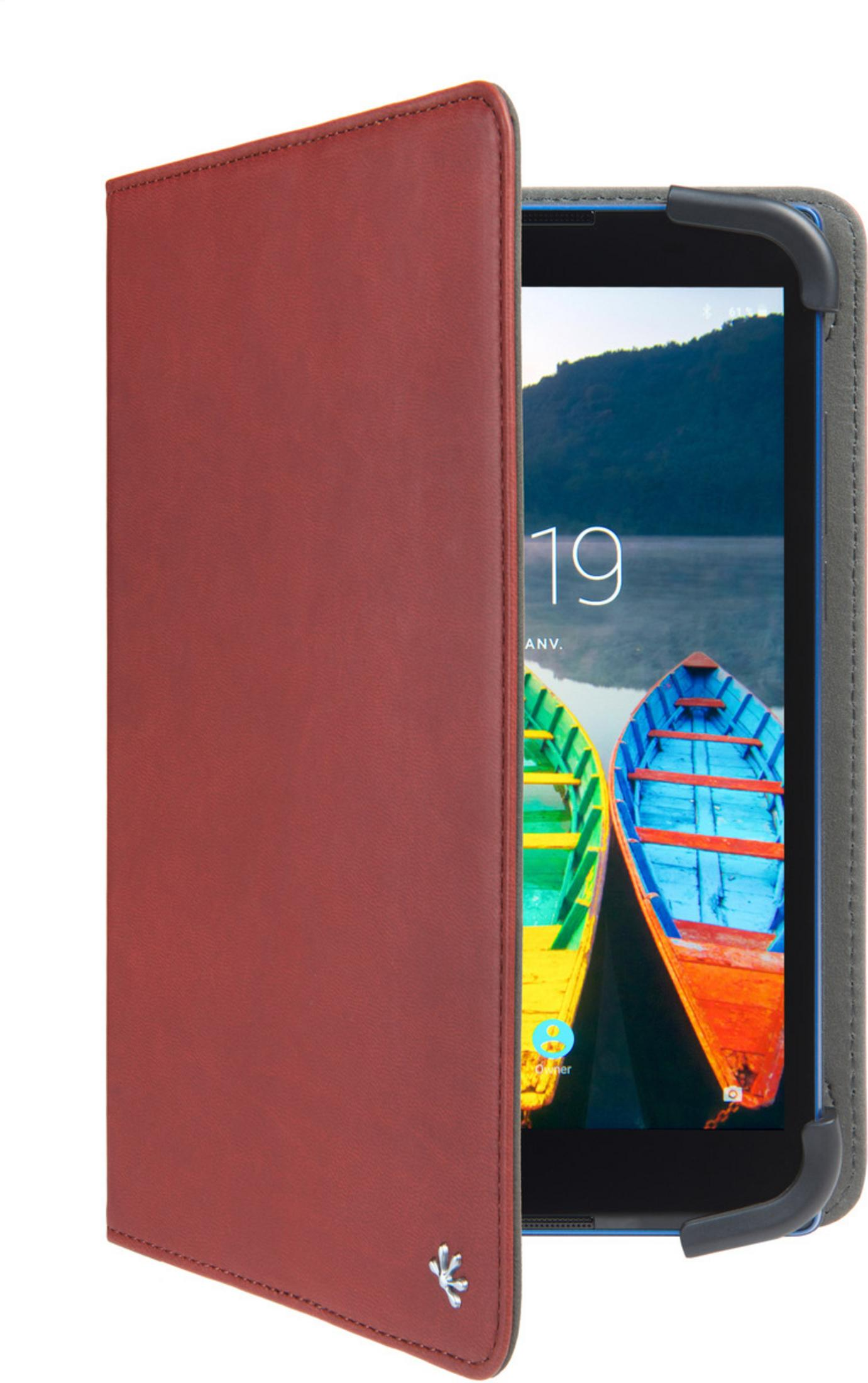 Ein rotbraunes Tablet mit offenem Deckel, das bunte Boote auf dem Bildschirm zeigt.