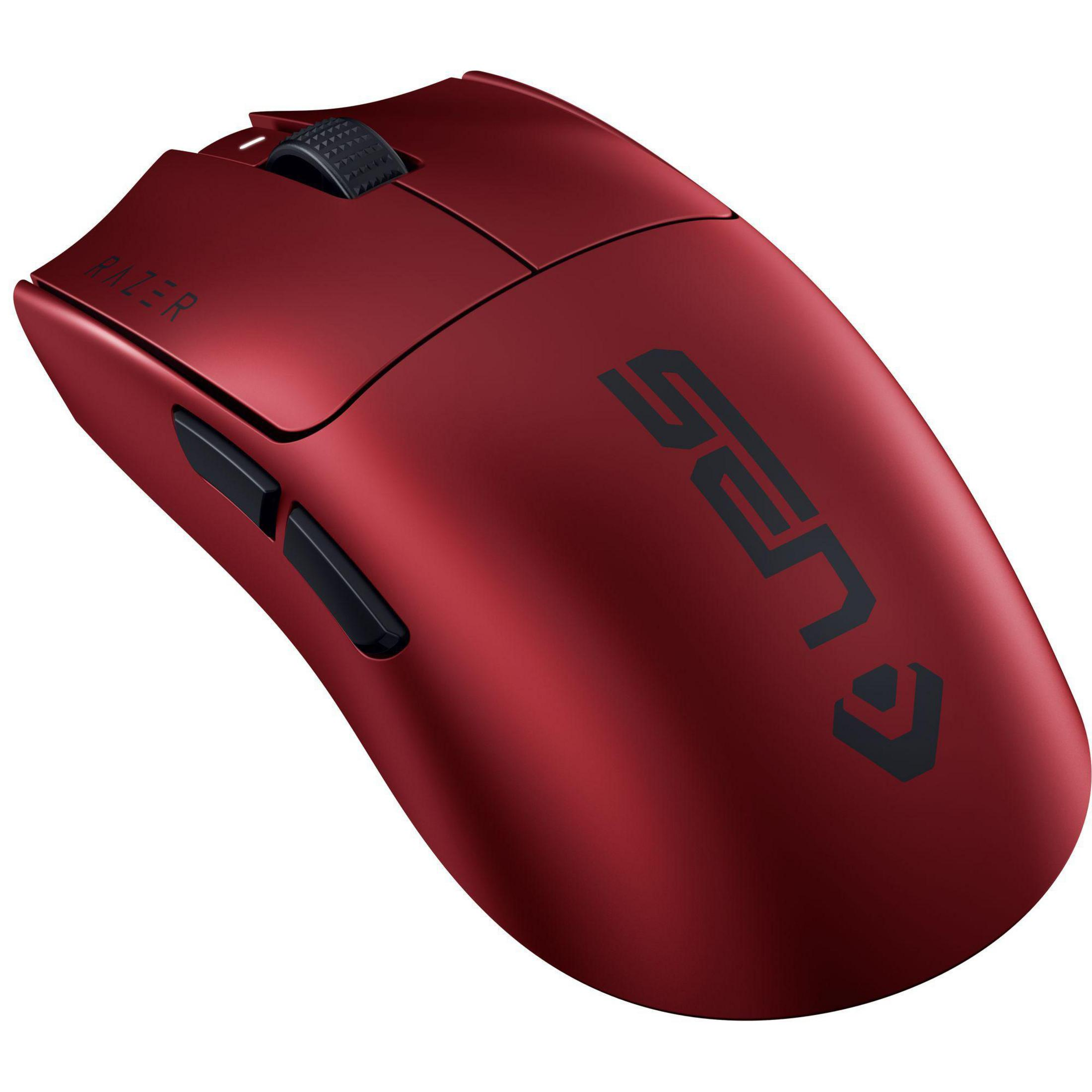 Eine rote Razer-Gaming-Maus mit schwarzem SEN-Logo auf weißem Hintergrund.