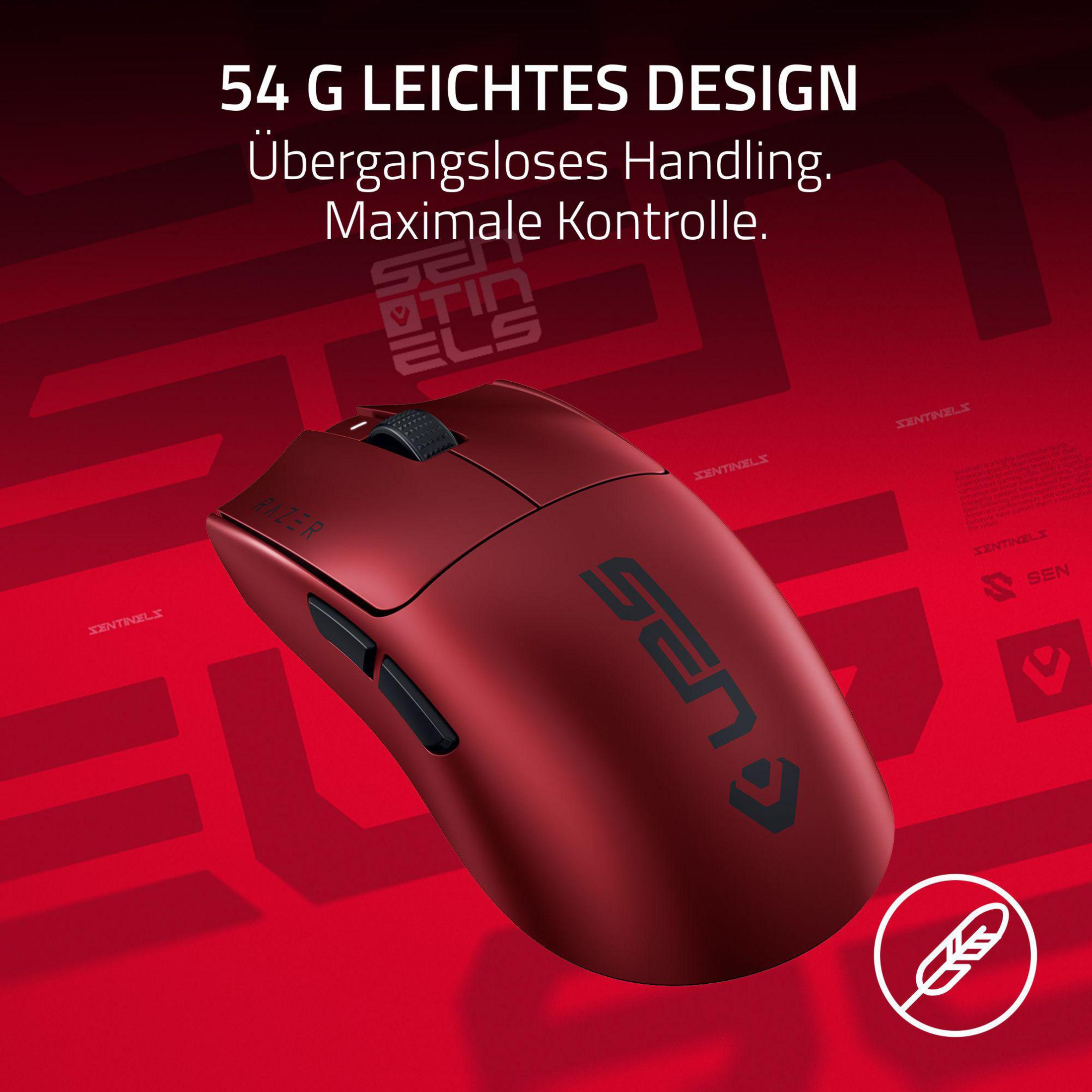 Eine rote Gaming-Maus mit dem Logo 'SEN' liegt auf einem roten Hintergrund.