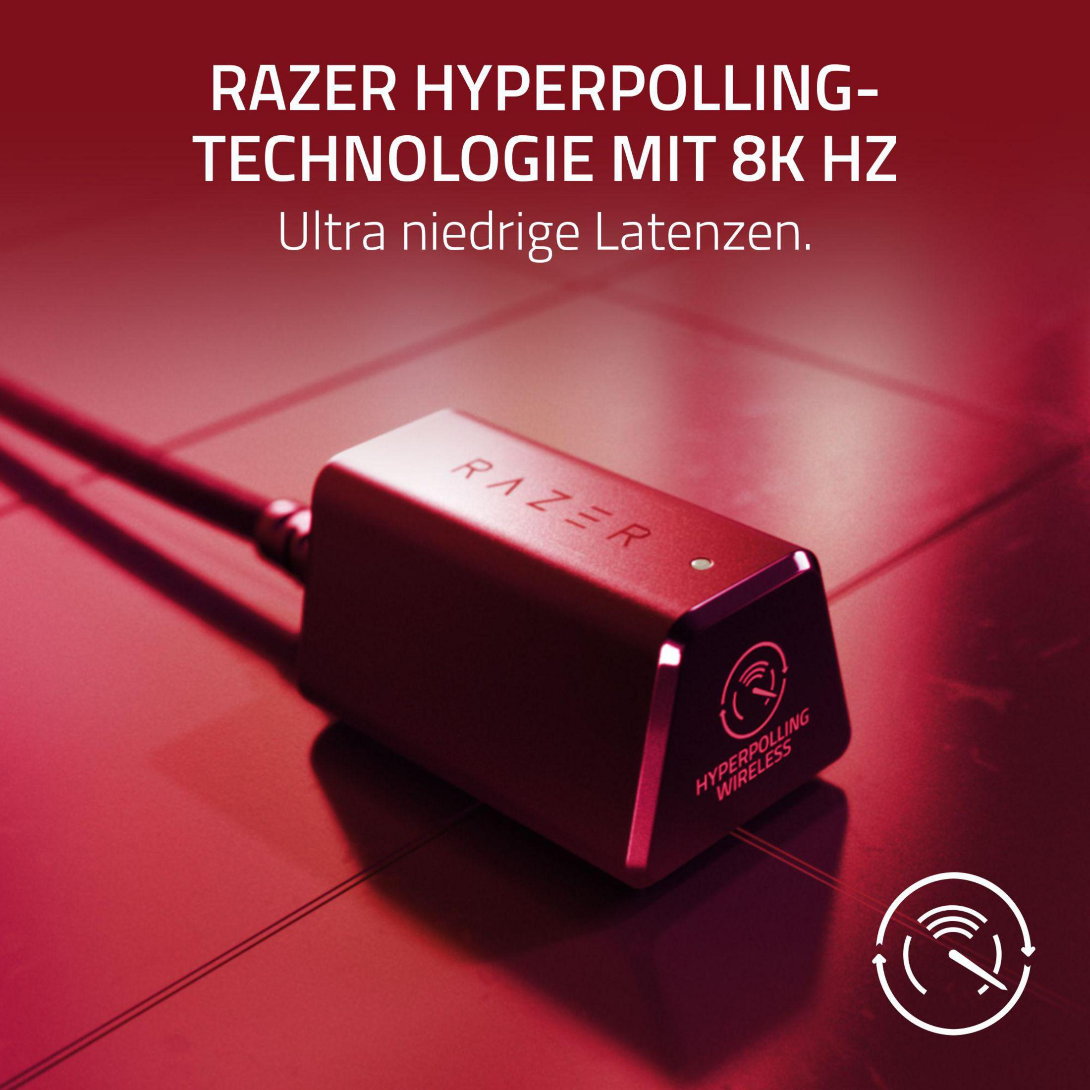 Ein roter Razer-Adapter mit Kabel und Text. "Razer Hyperpolling"