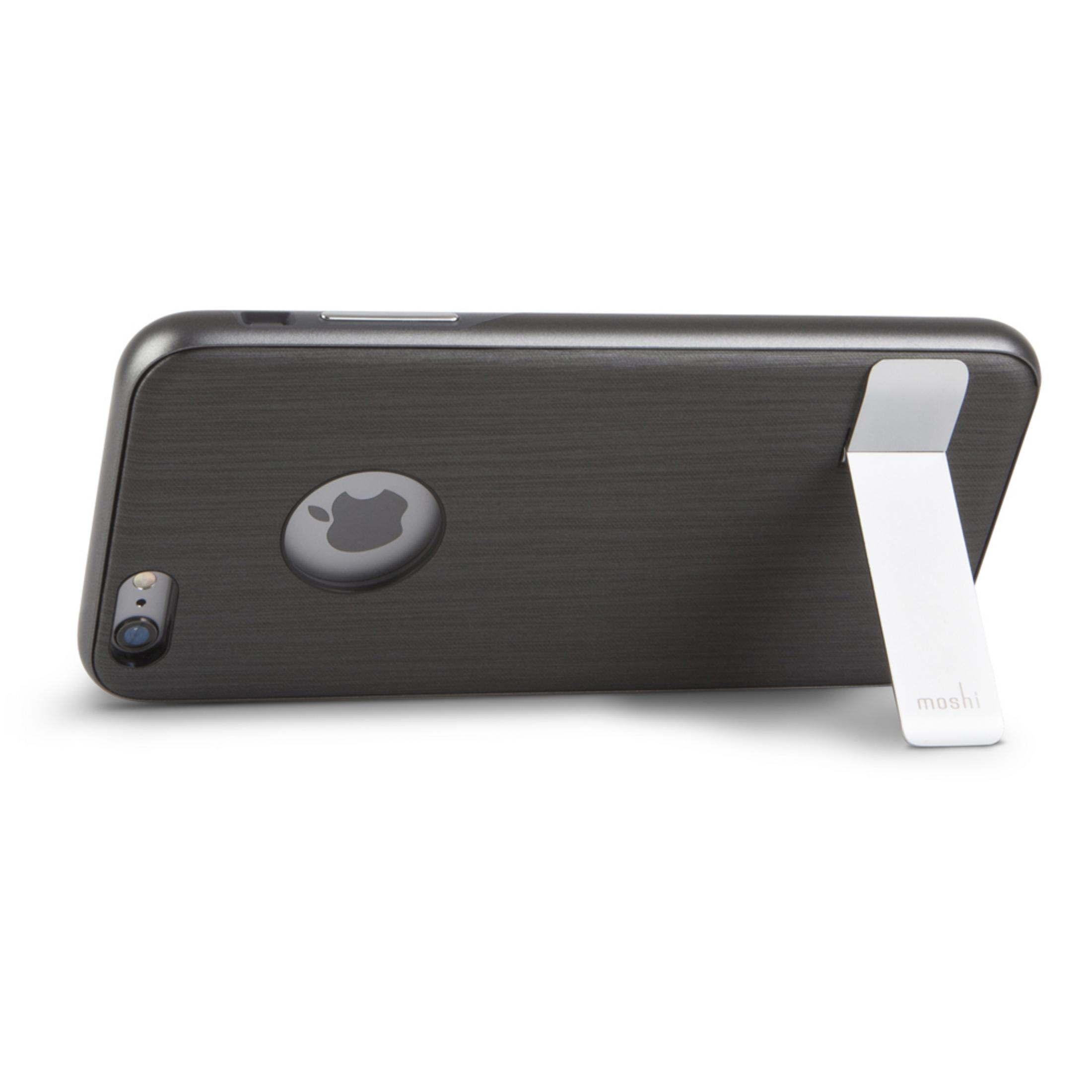 Custodia nera per iPhone con cavalletto argentato e logo Apple.