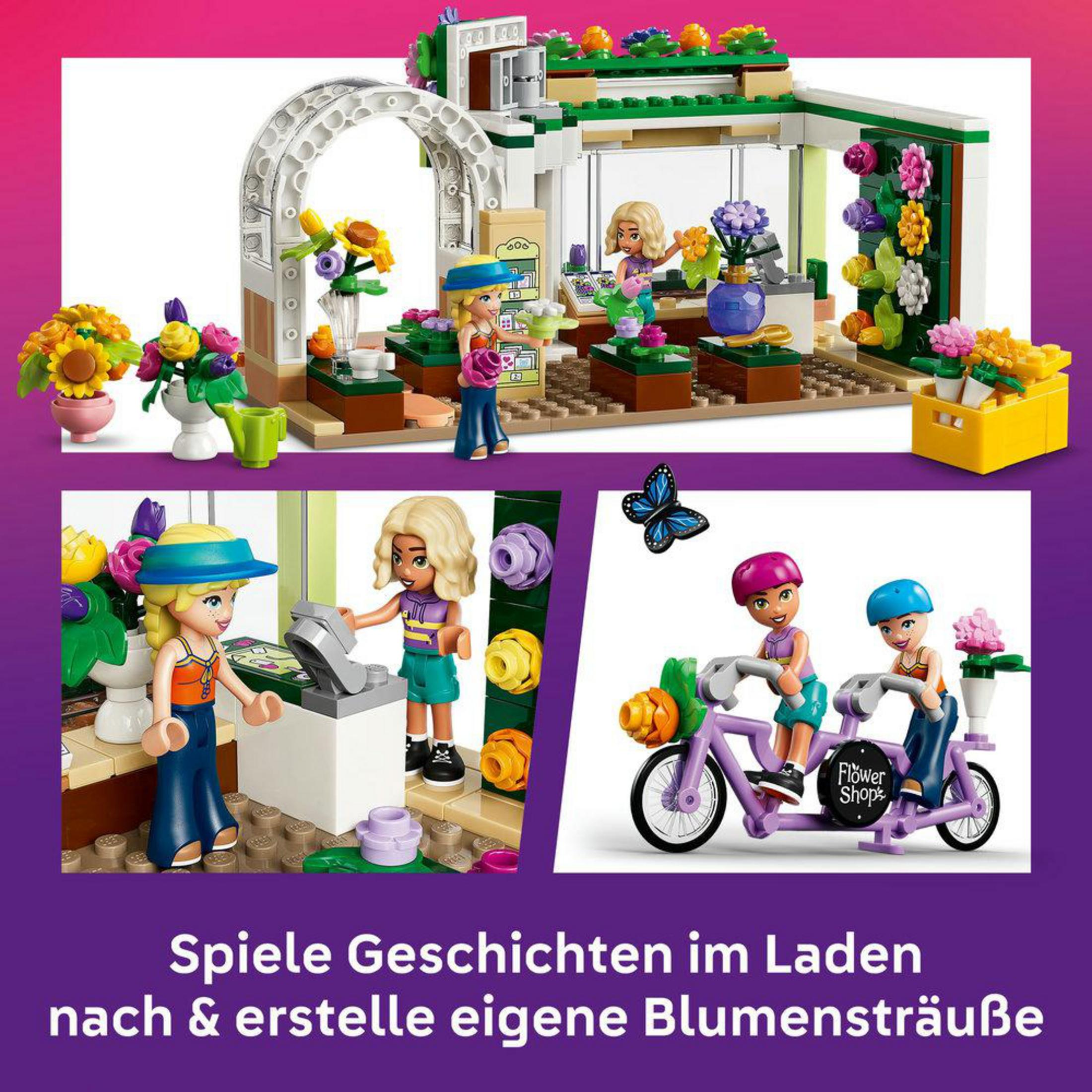 Set de tienda de flores LEGO con figuras, bicicletas y flores.