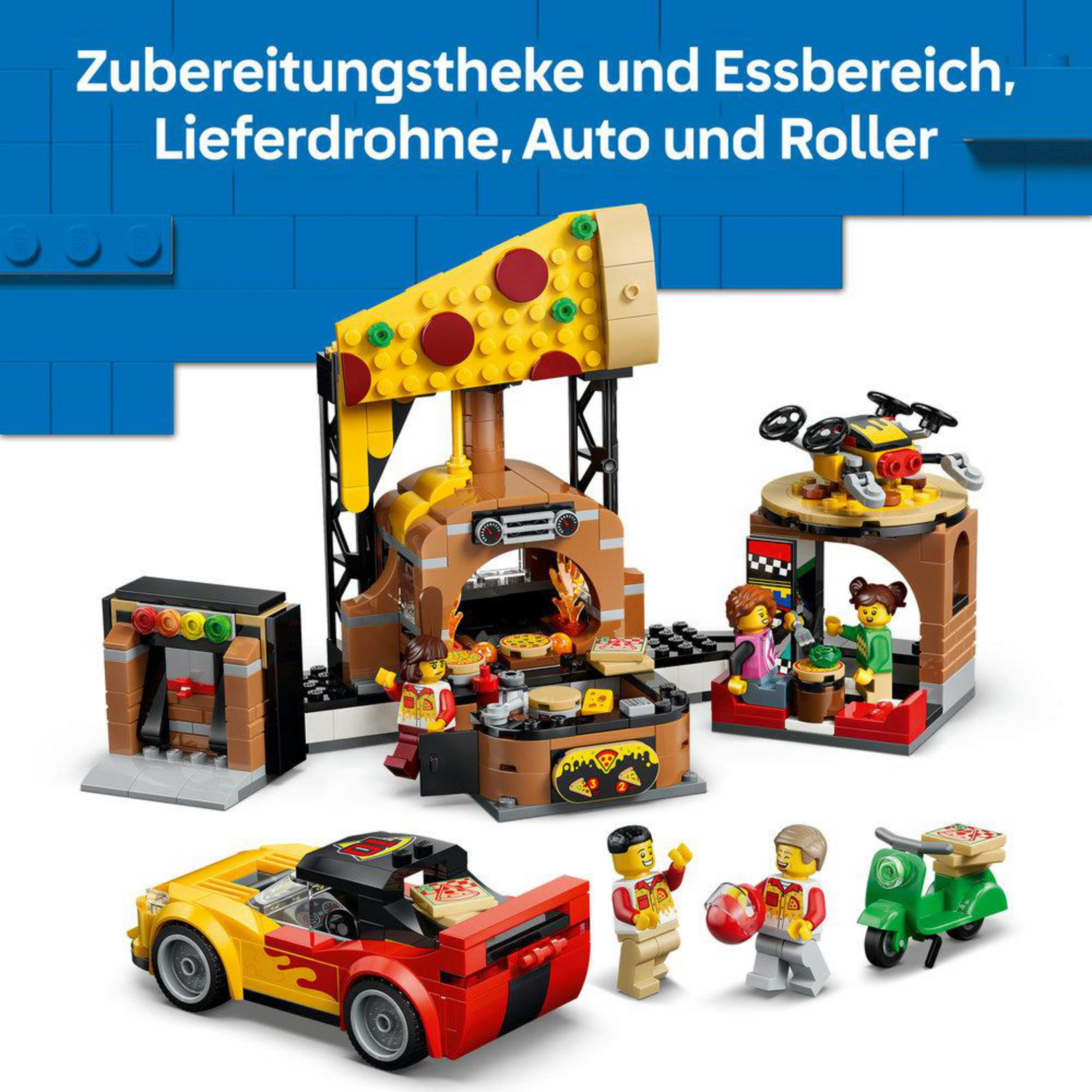 Juguete Lego con puesto de pizza, coche, moto, dron y minifiguras.