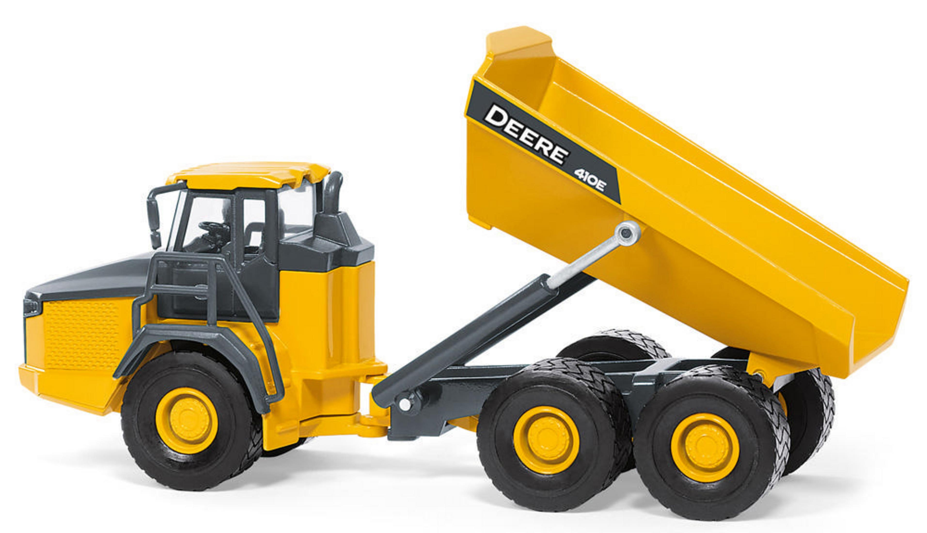 Un camión volquete amarillo con cabina gris y caja de carga elevada.