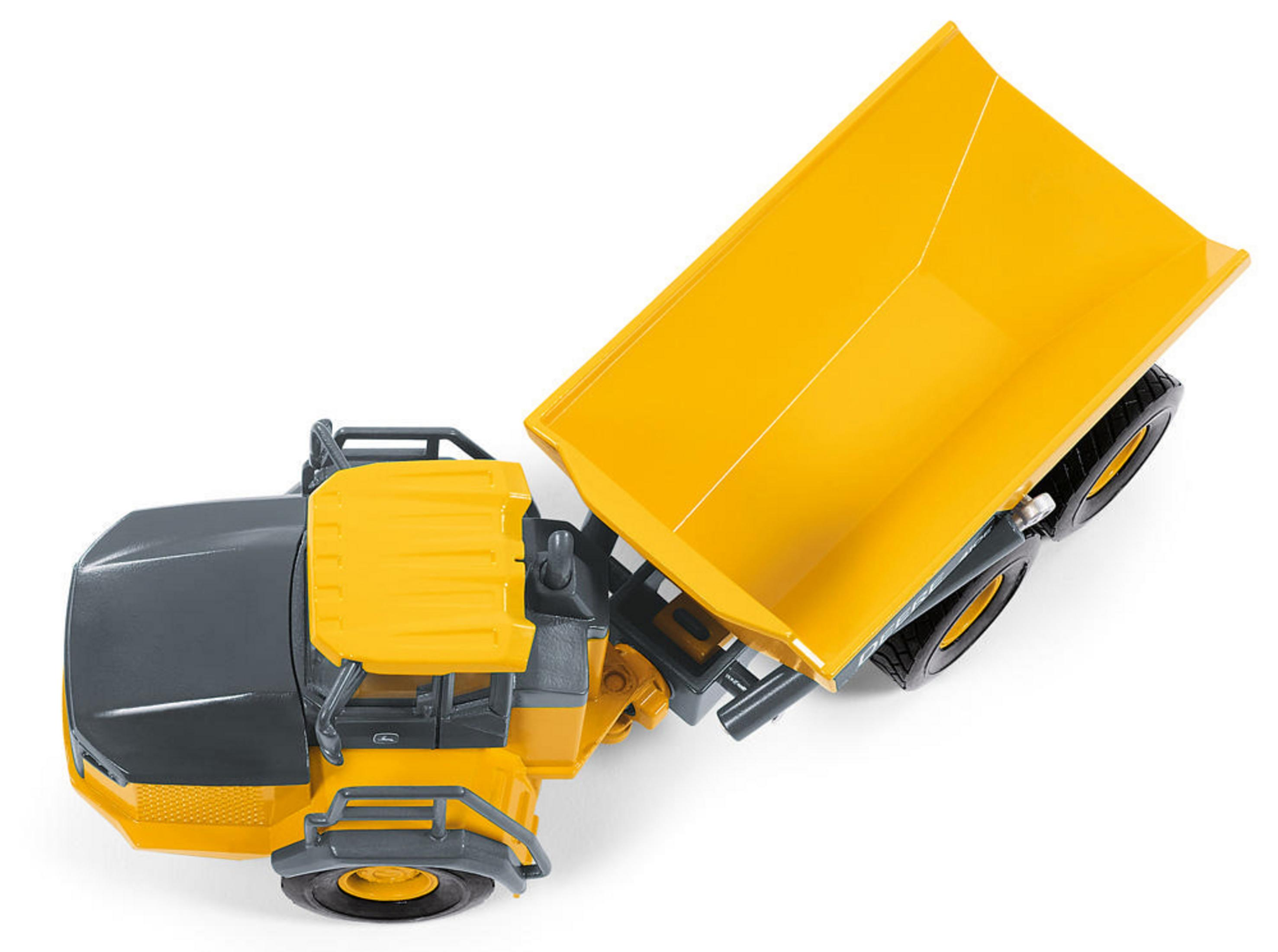 Un camión volquete de juguete amarillo con cabina gris sobre fondo blanco.