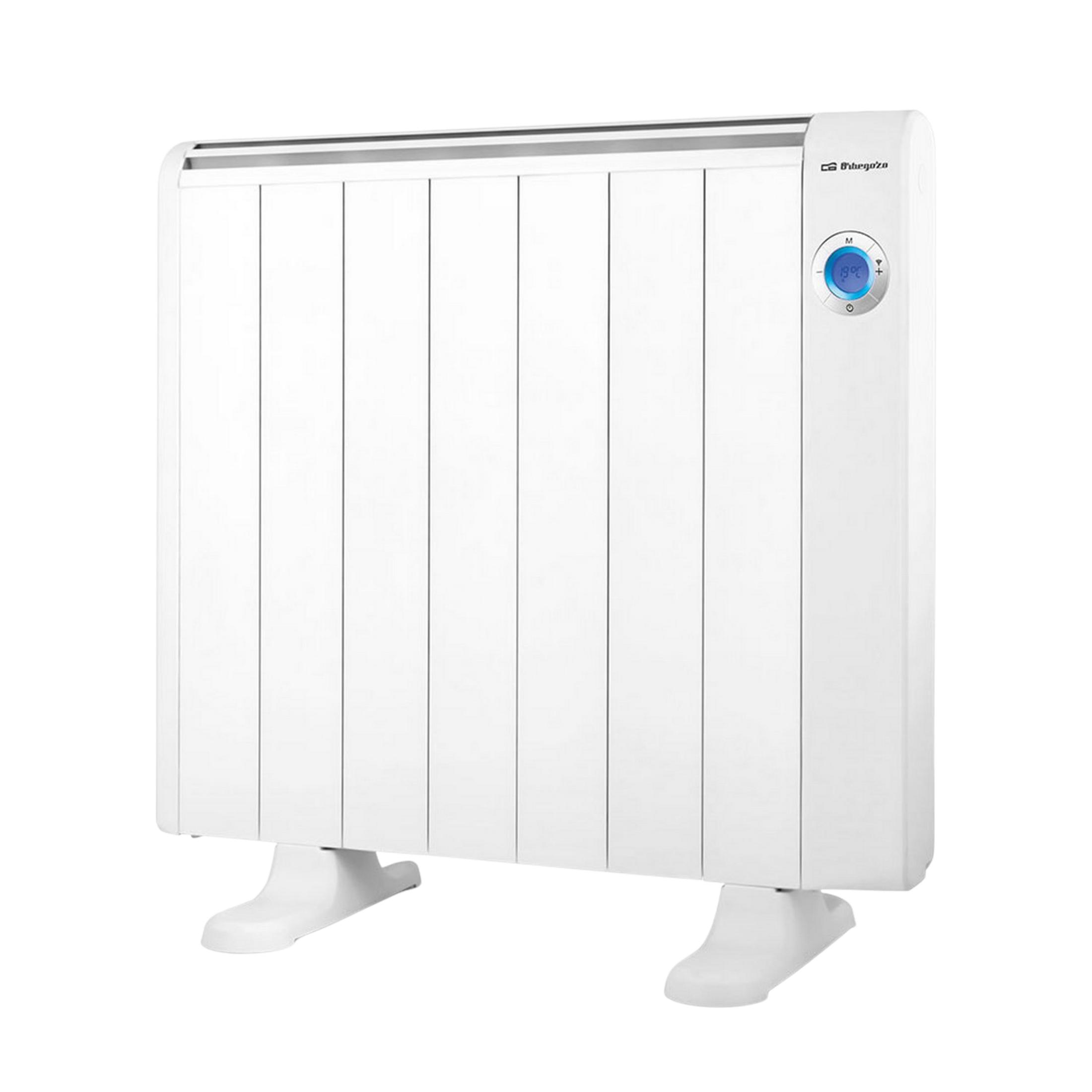 Un radiador eléctrico blanco con pantalla digital y patas.