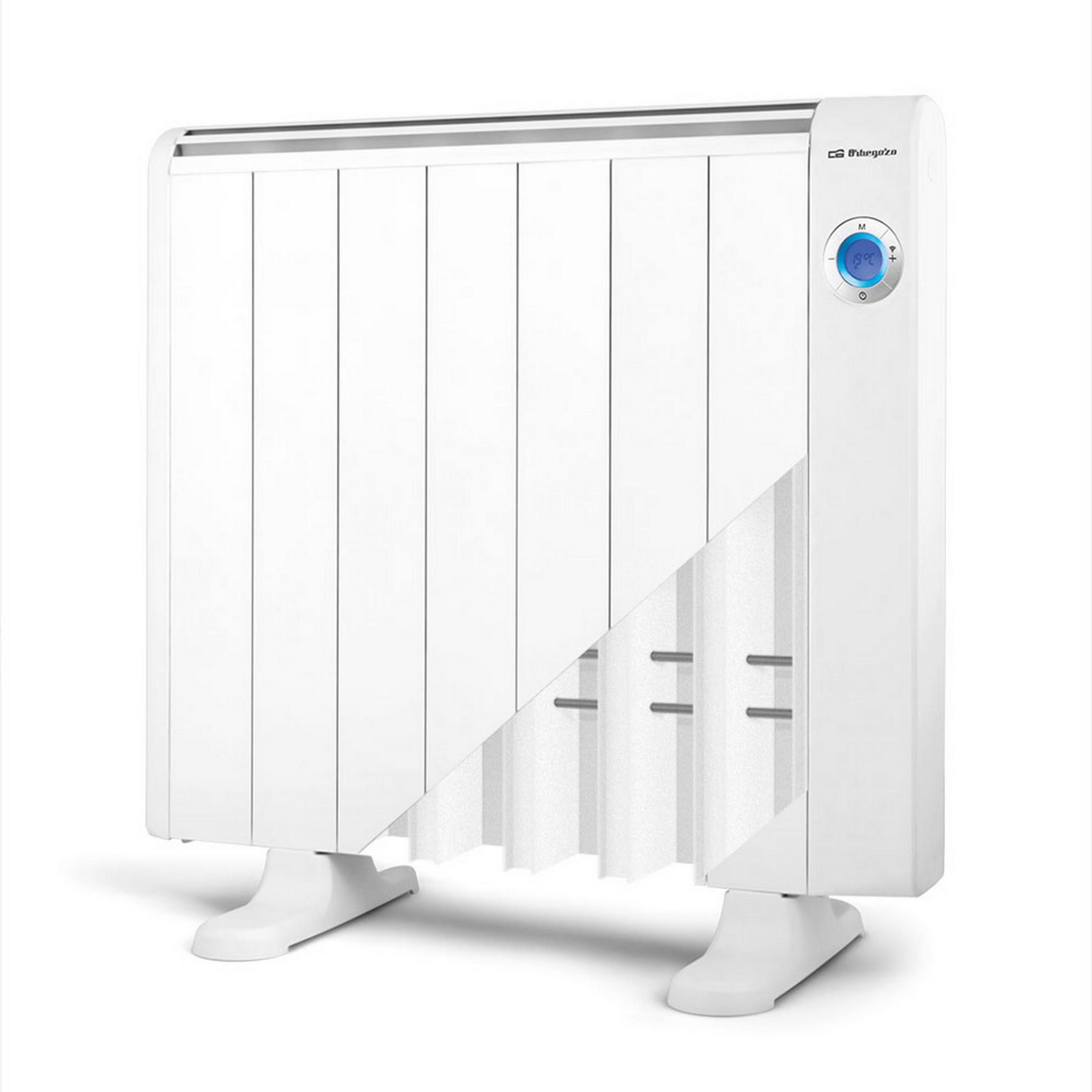 Un radiador eléctrico blanco con pantalla digital y patas.