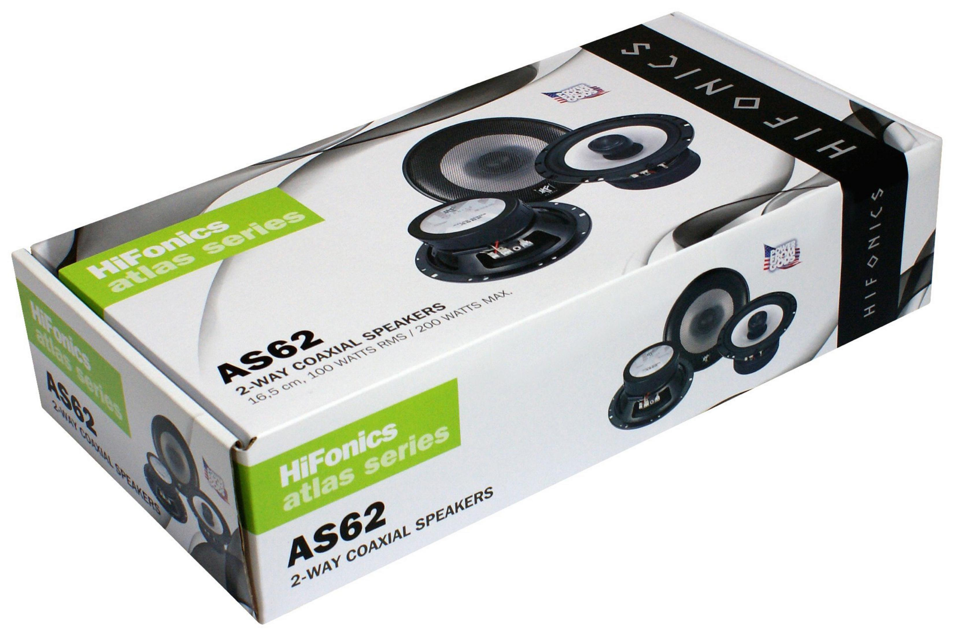 Verpackung von HiFonics AS62 2-Wege-Koaxiallautsprechern mit Abbildungen.