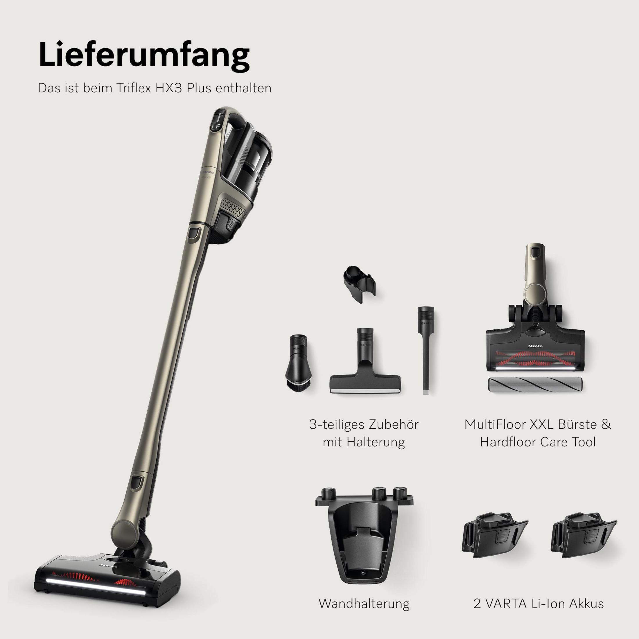 Ein kabelloser Staubsauger mit Zubehör: Bürste, Wandhalterung und Akkus.