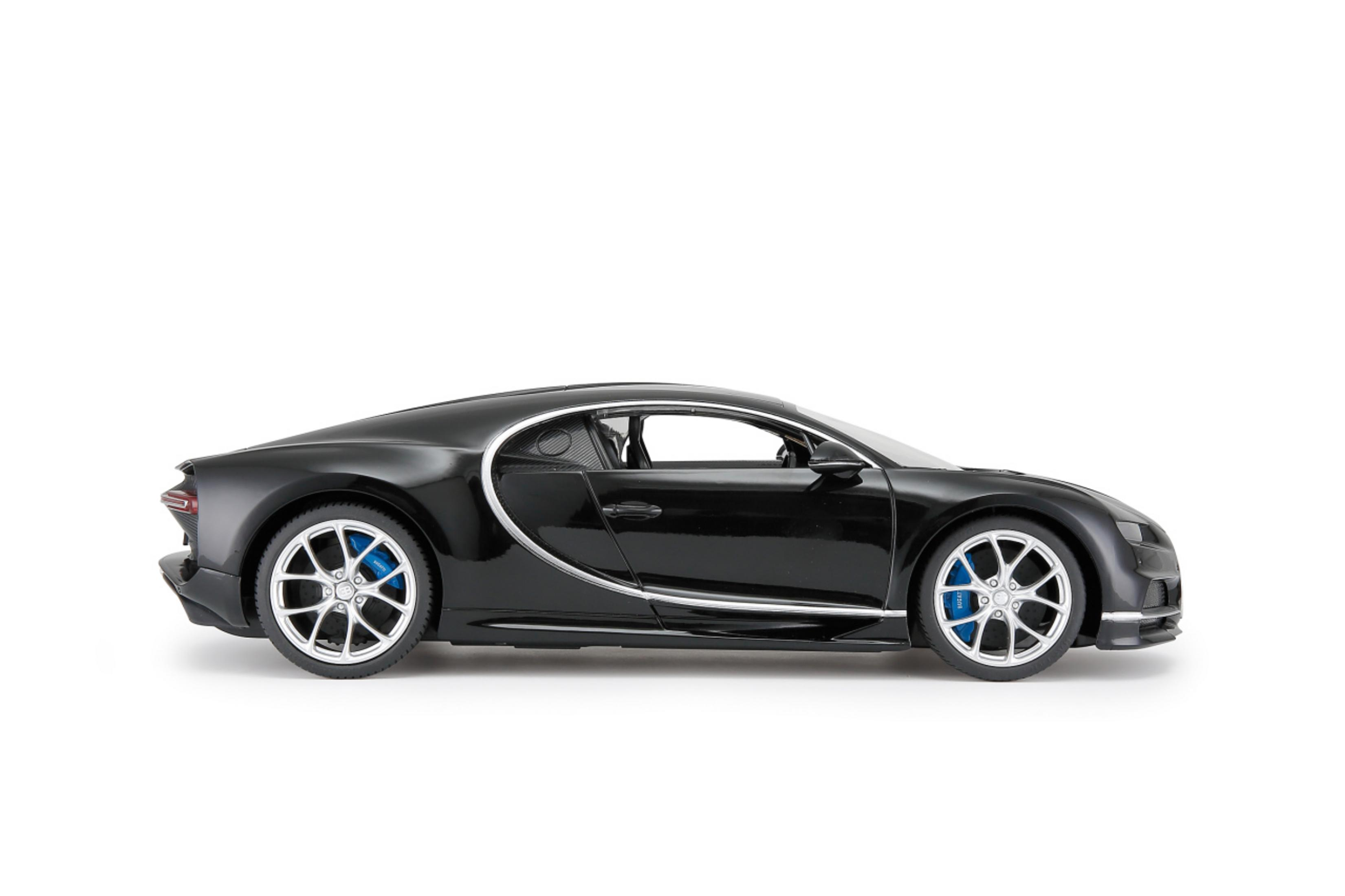 Schwarzer Bugatti Chiron Spielzeugauto, Seitenansicht mit blauen Bremssätteln.
