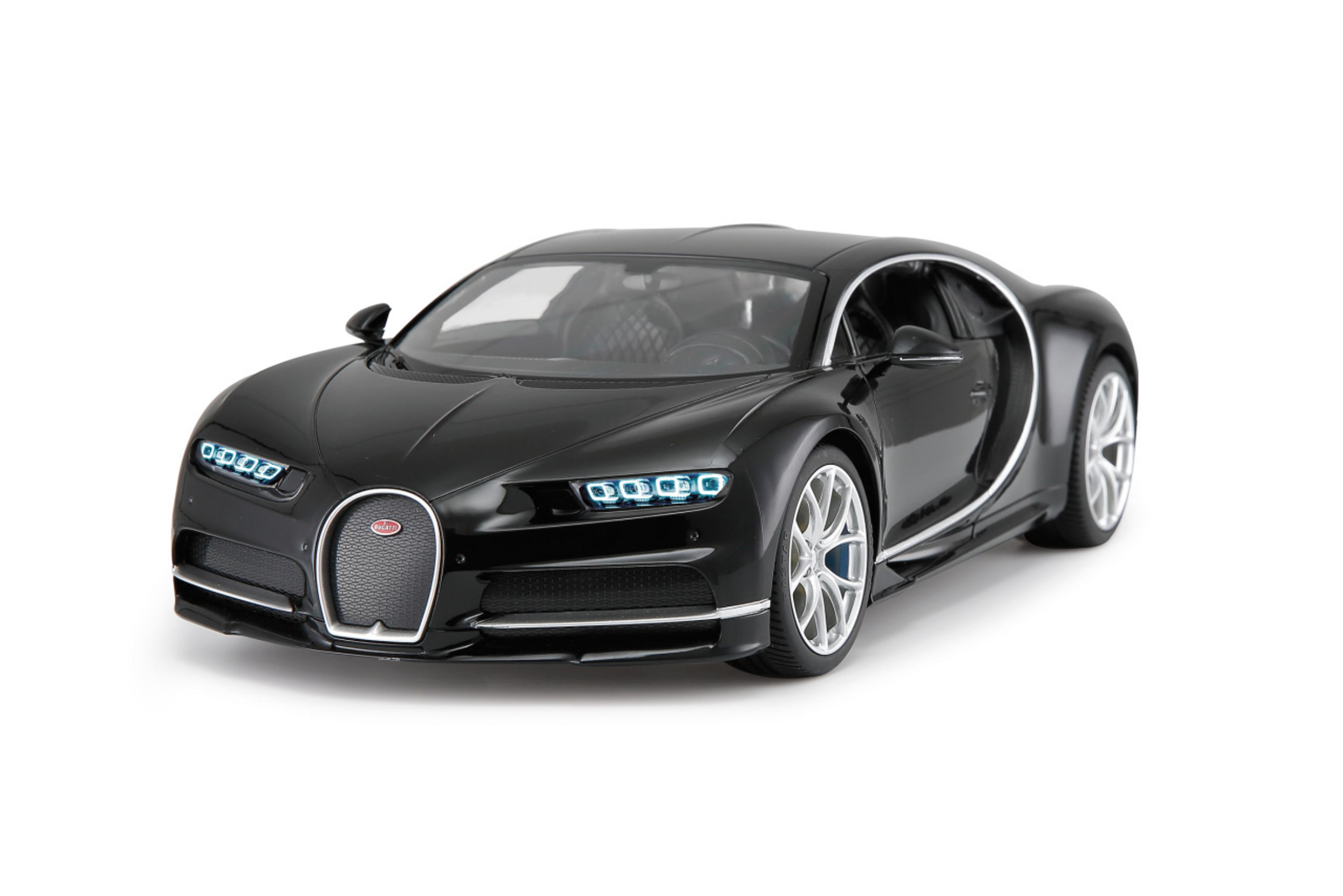 Schwarzer Bugatti Chiron Spielzeugauto mit silbernen Felgen, auf weißem Hintergrund.