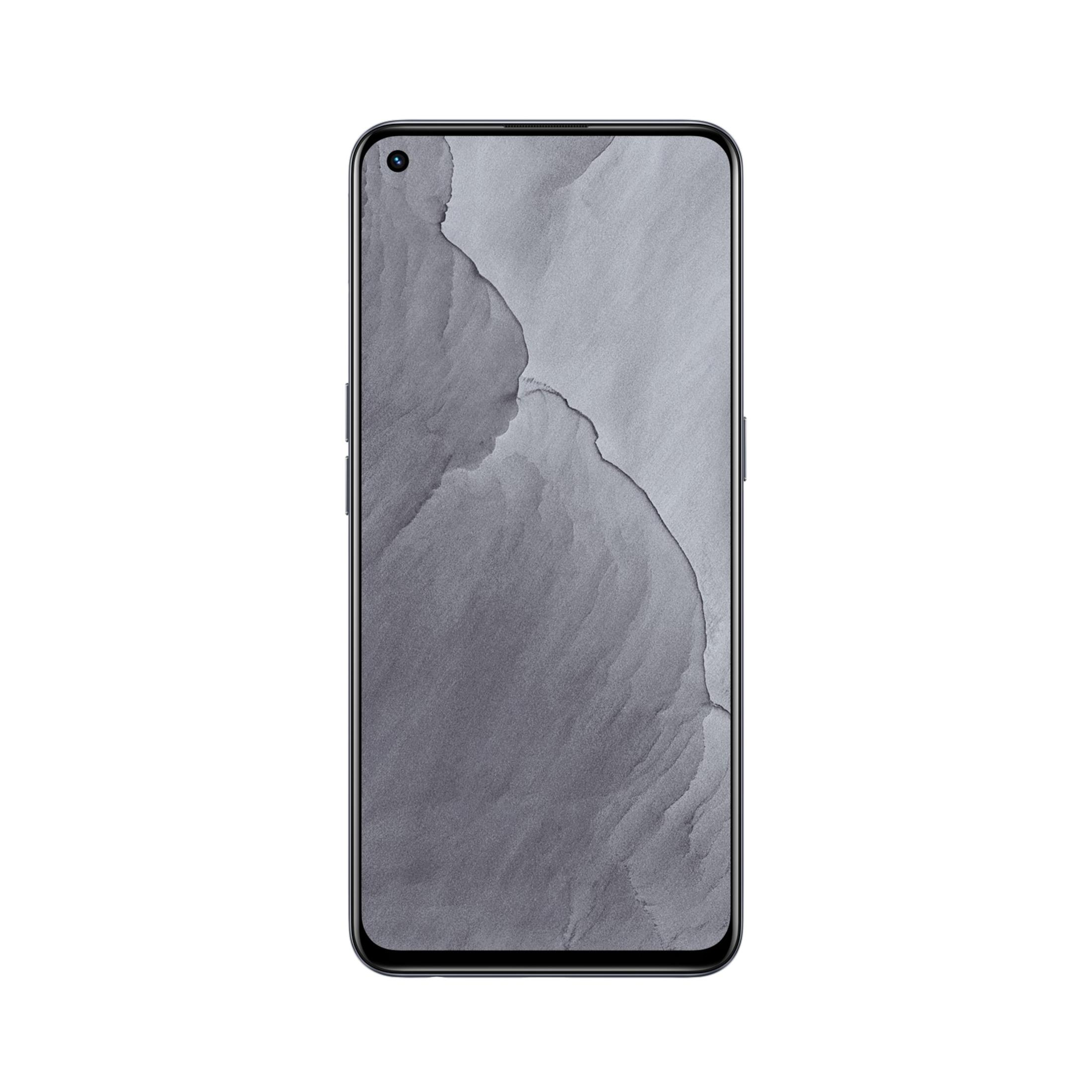Uno smartphone scuro con uno sfondo grigio testurizzato sul suo schermo.