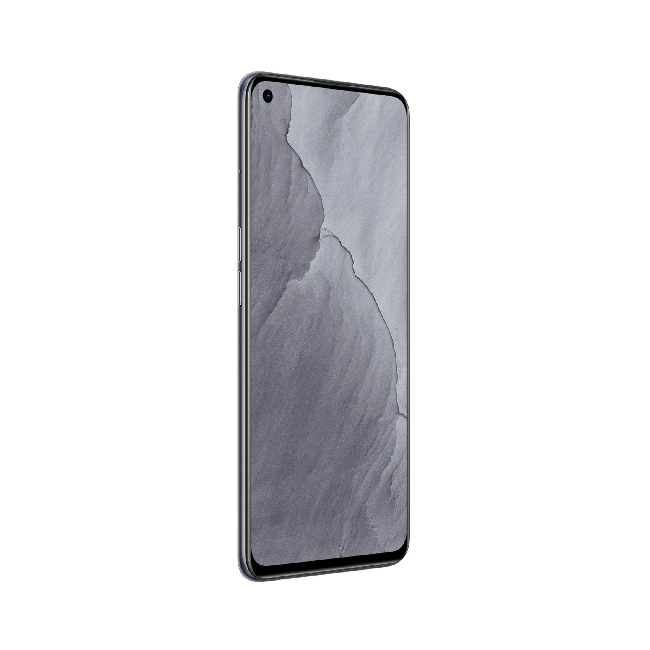 Uno smartphone scuro mostra uno sfondo grigio e testurizzato.