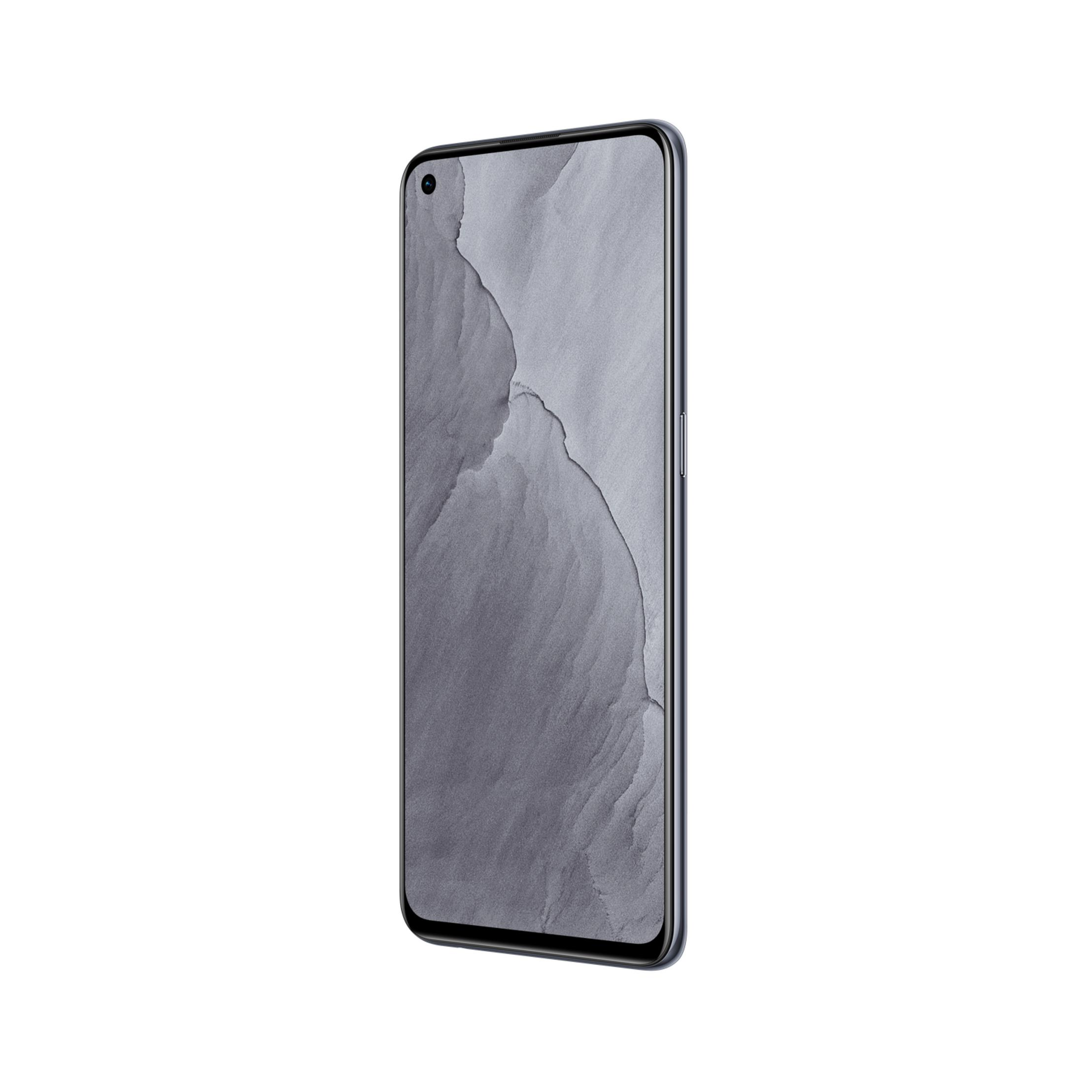 Uno smartphone scuro con uno sfondo grigio a fantasia.