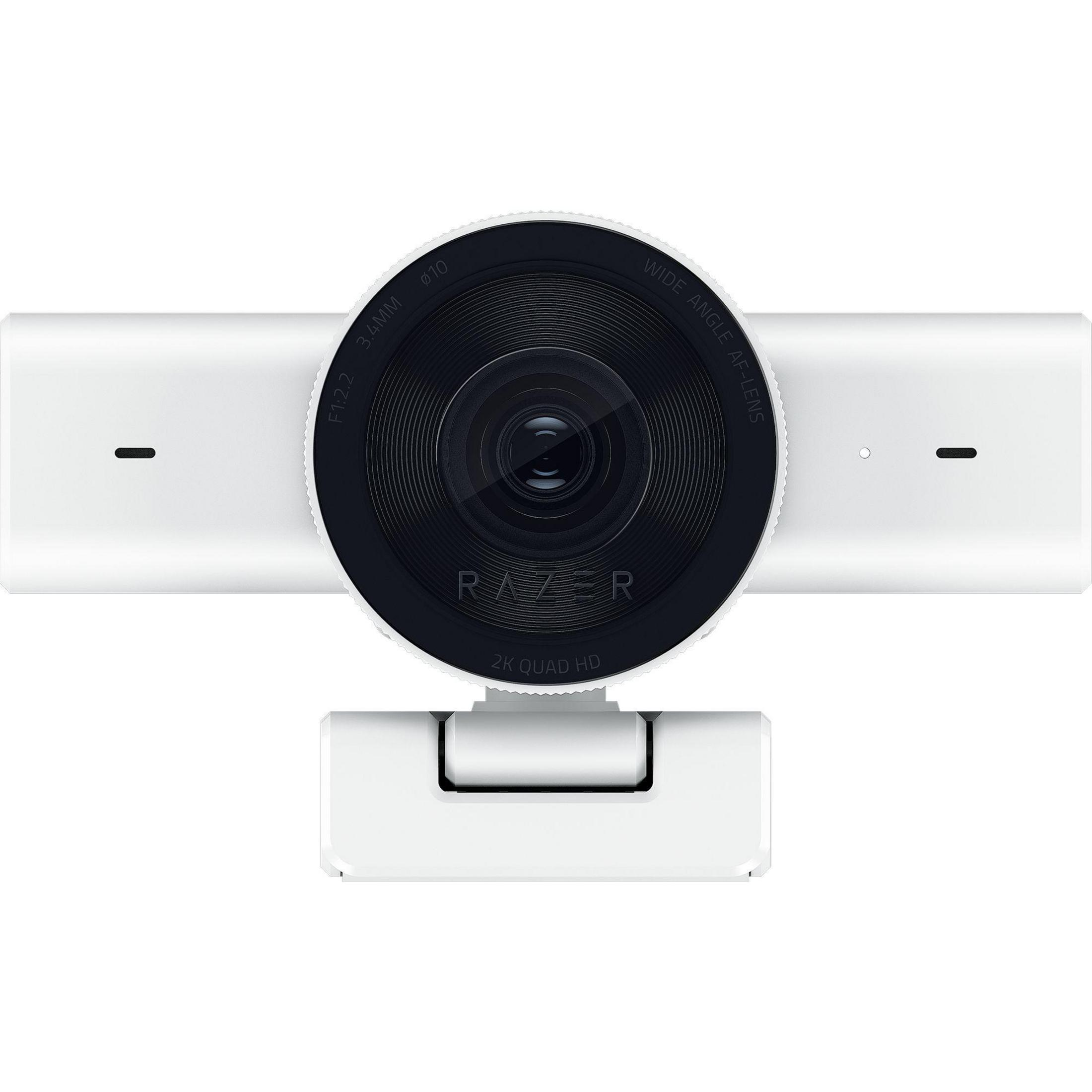 Weiße Webcam mit breitem Objektiv und Razer-Logo.