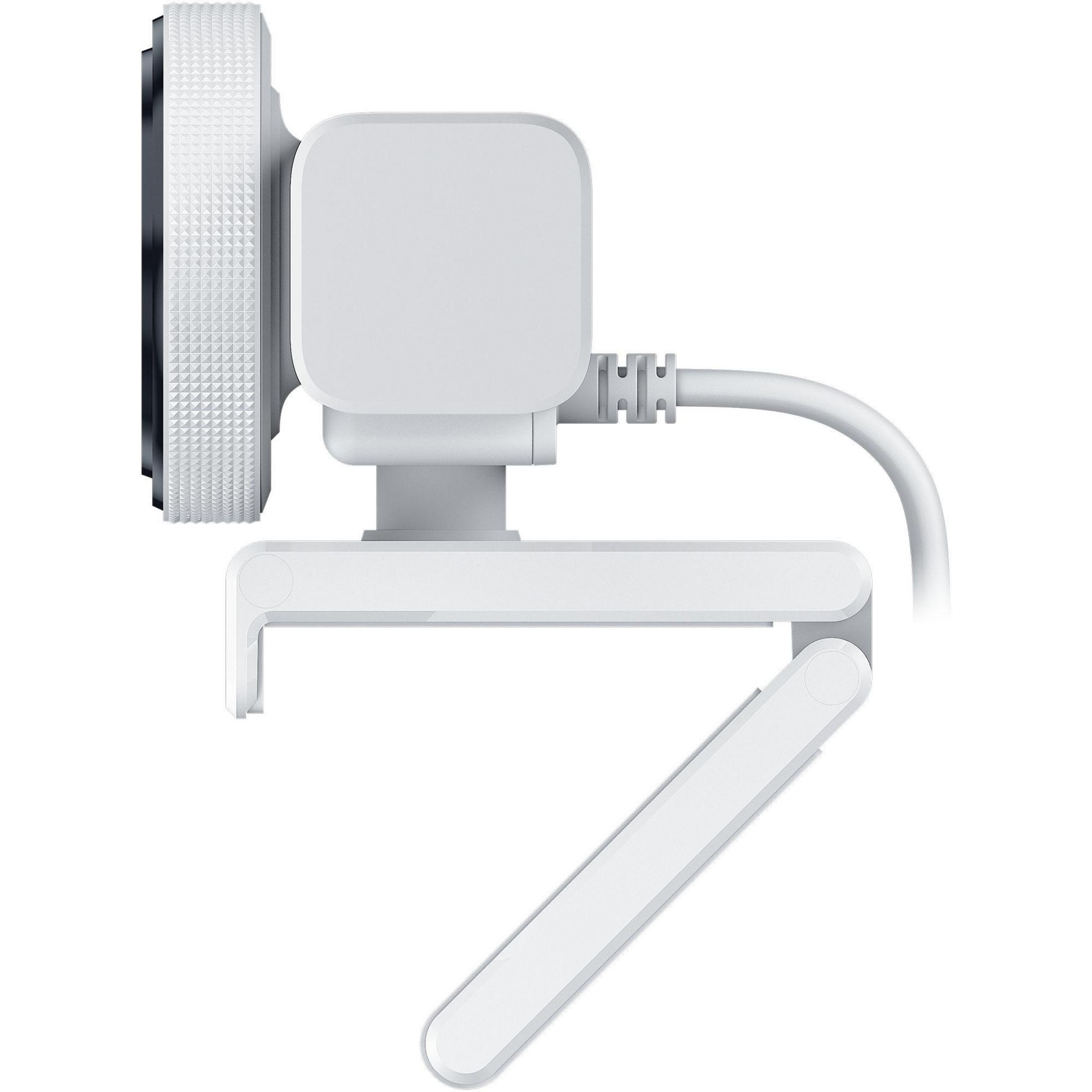 Eine weiße Webcam mit einem flexiblen Ständer und einem Kabel.