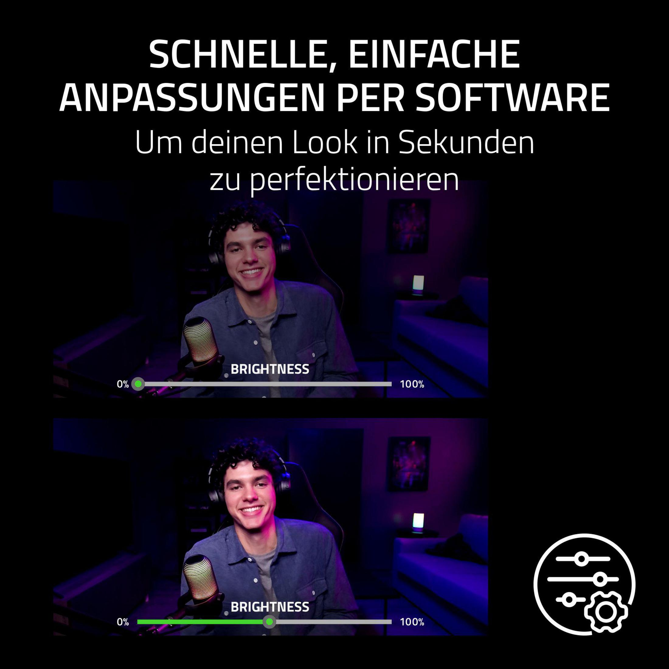 Mann mit Kopfhörern, Software-Anpassungen mit Helligkeitsregler gezeigt.