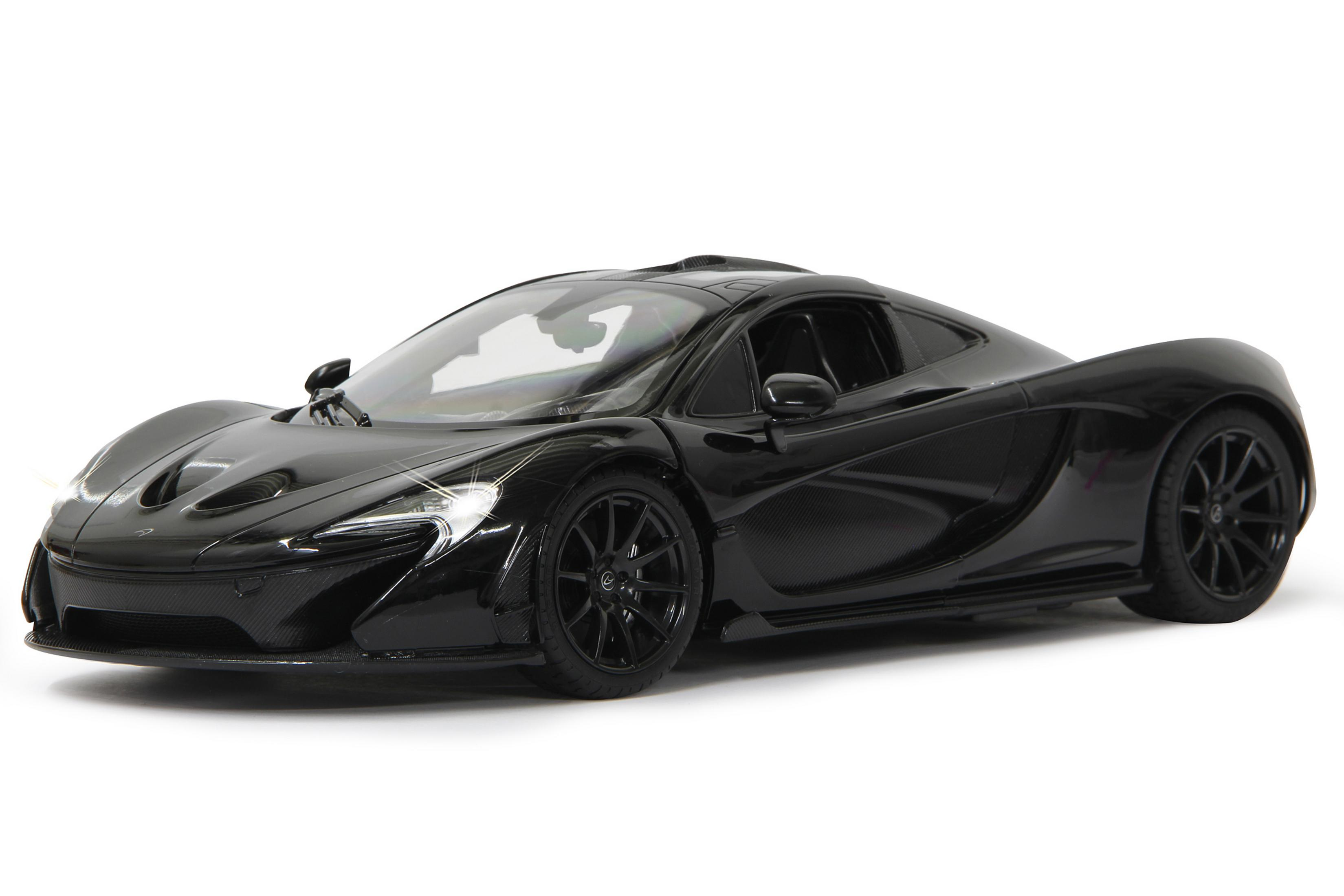 Schwarzer McLaren P1 Sportwagen mit Carbonfaser-Details, auf weißem Hintergrund.