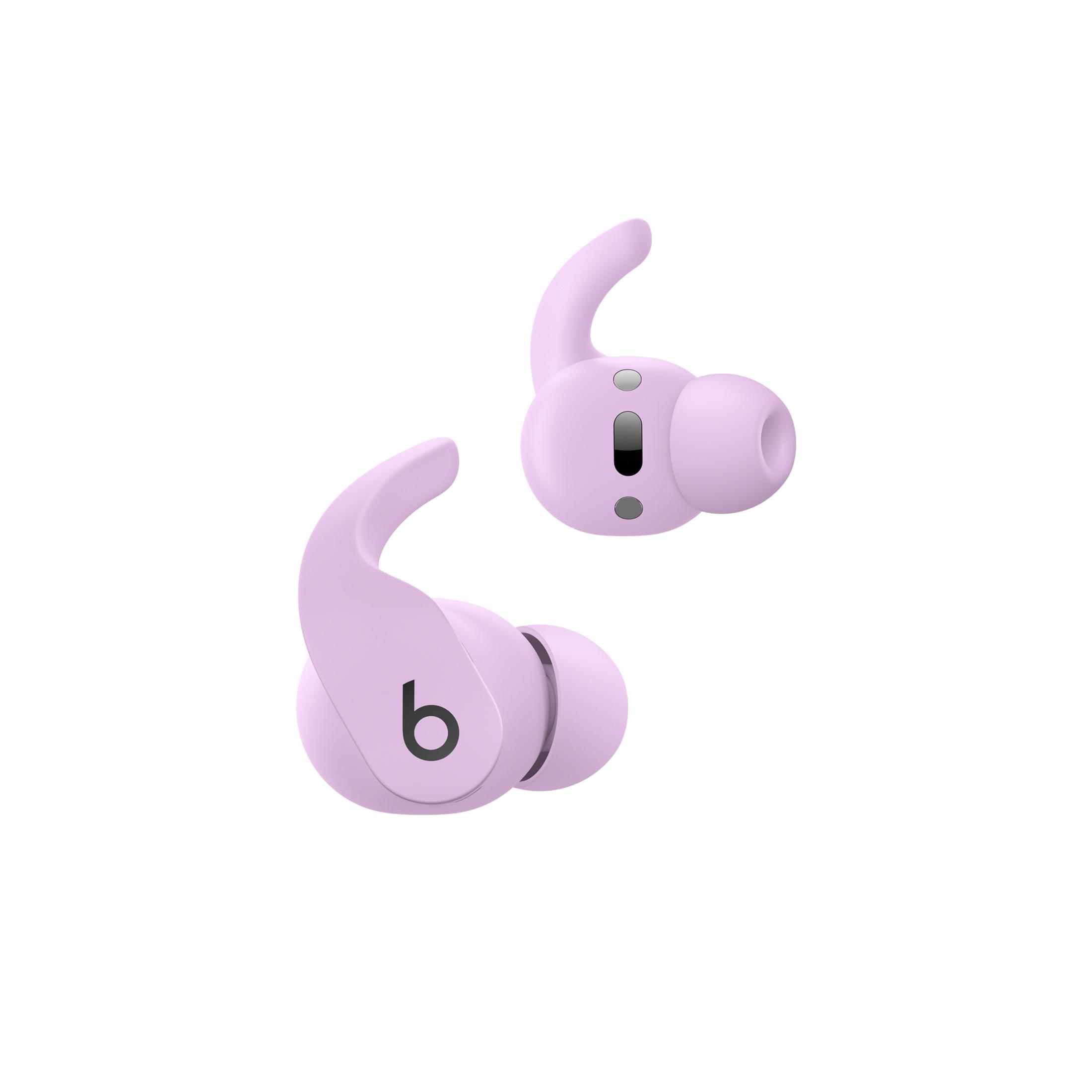 Auricolari wireless lavanda con alette e un logo nero 