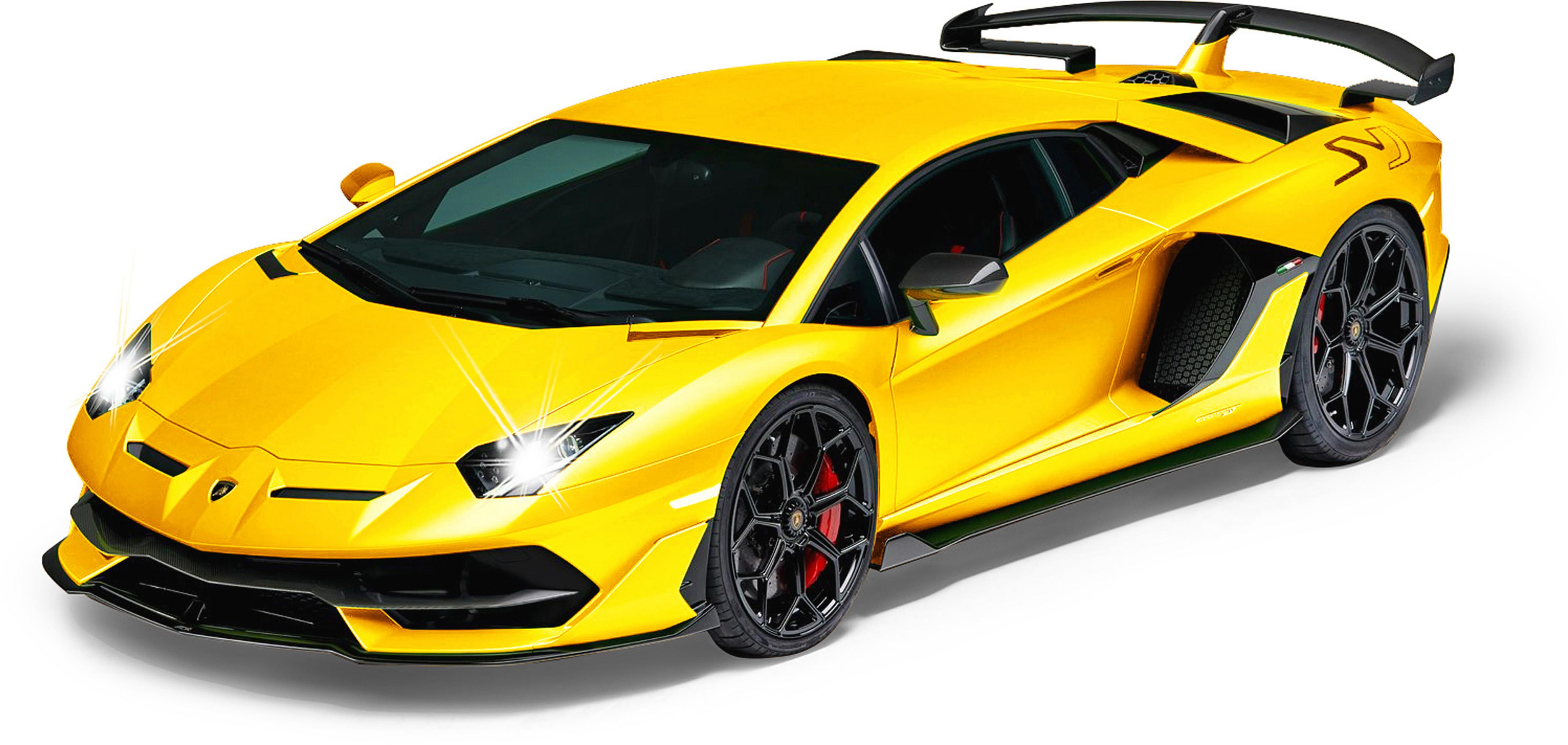 Ein gelber Lamborghini Supersportwagen mit schwarzem Heckspoiler und schwarzen Felgen.