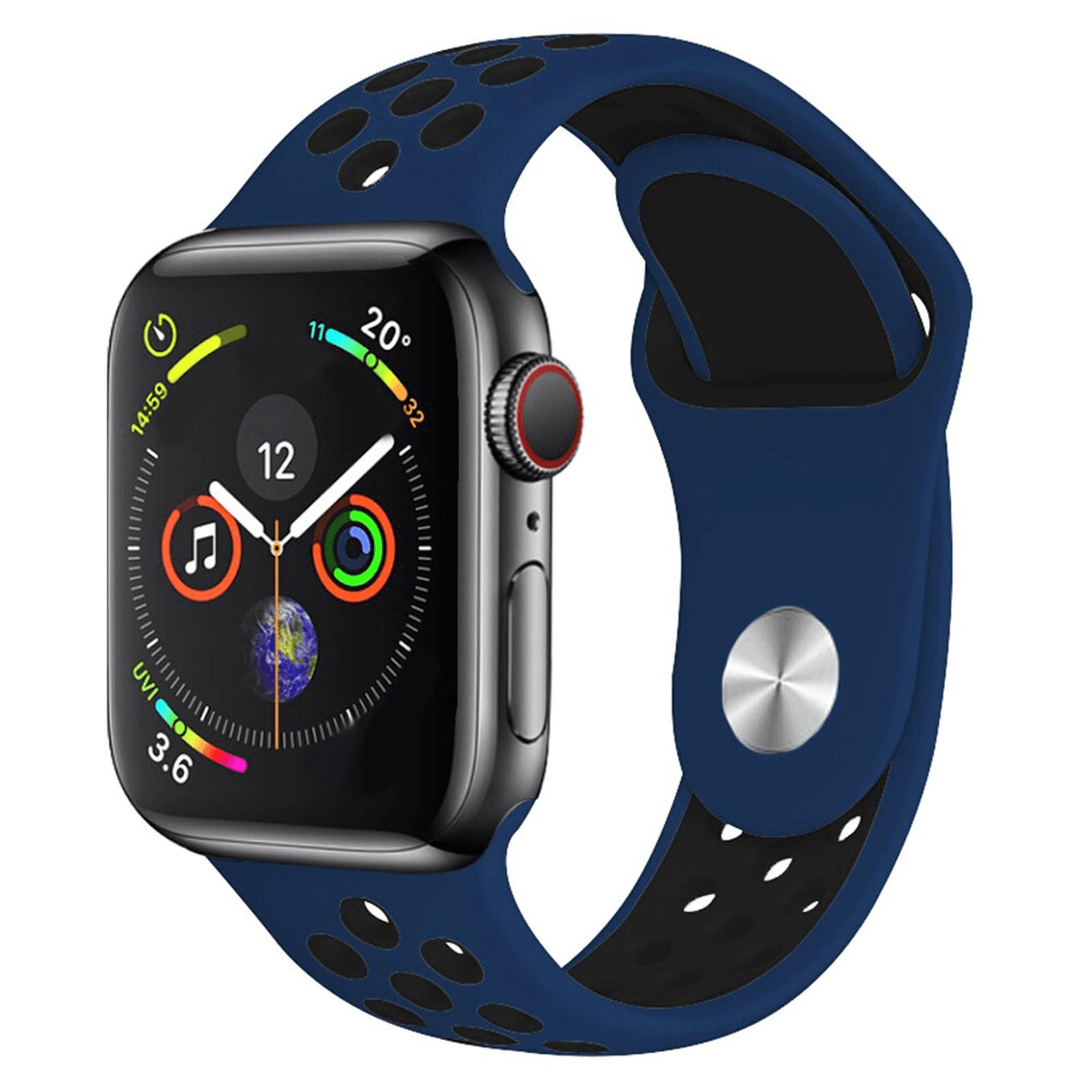 Un reloj inteligente azul oscuro con carcasa plateada y correa perforada.