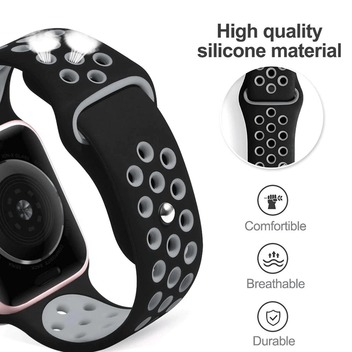 Correa de reloj de silicona negra con agujeros, muestra comodidad, transpirabilidad, durabilidad.