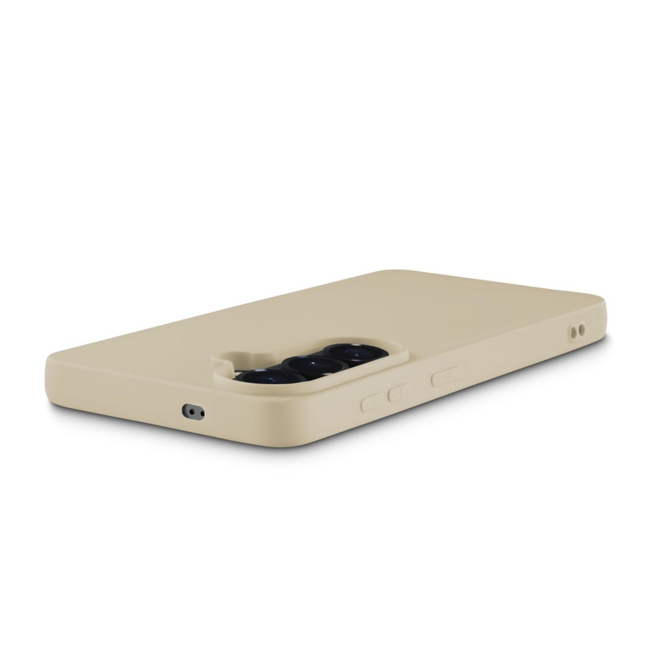 Eine beige Handyhülle mit einer Aussparung für die Kameralinsen.