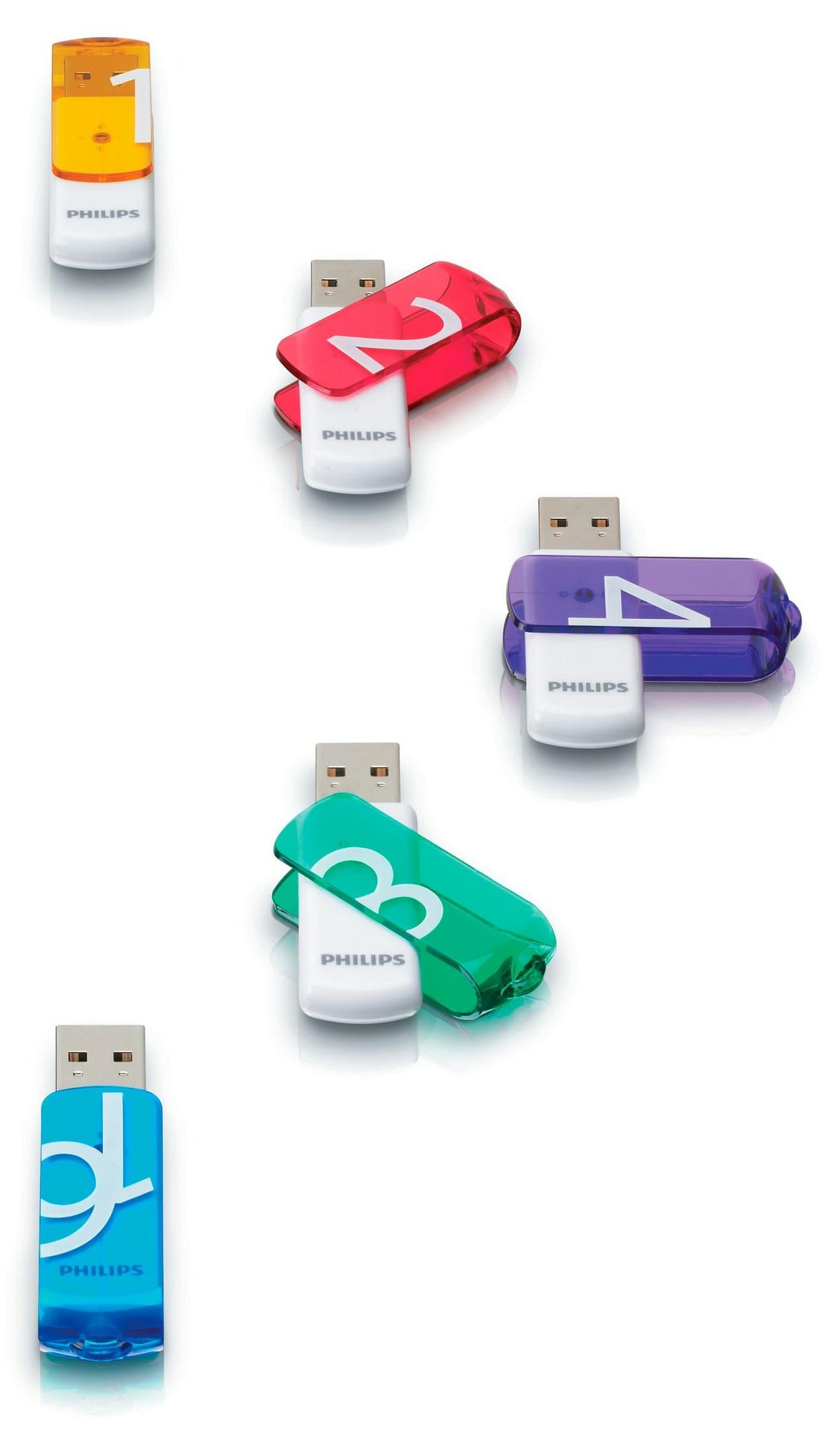 Cinque chiavette USB Philips in diversi colori: arancio '1', rosso '2', viola '4', verde '3', blu '6'.