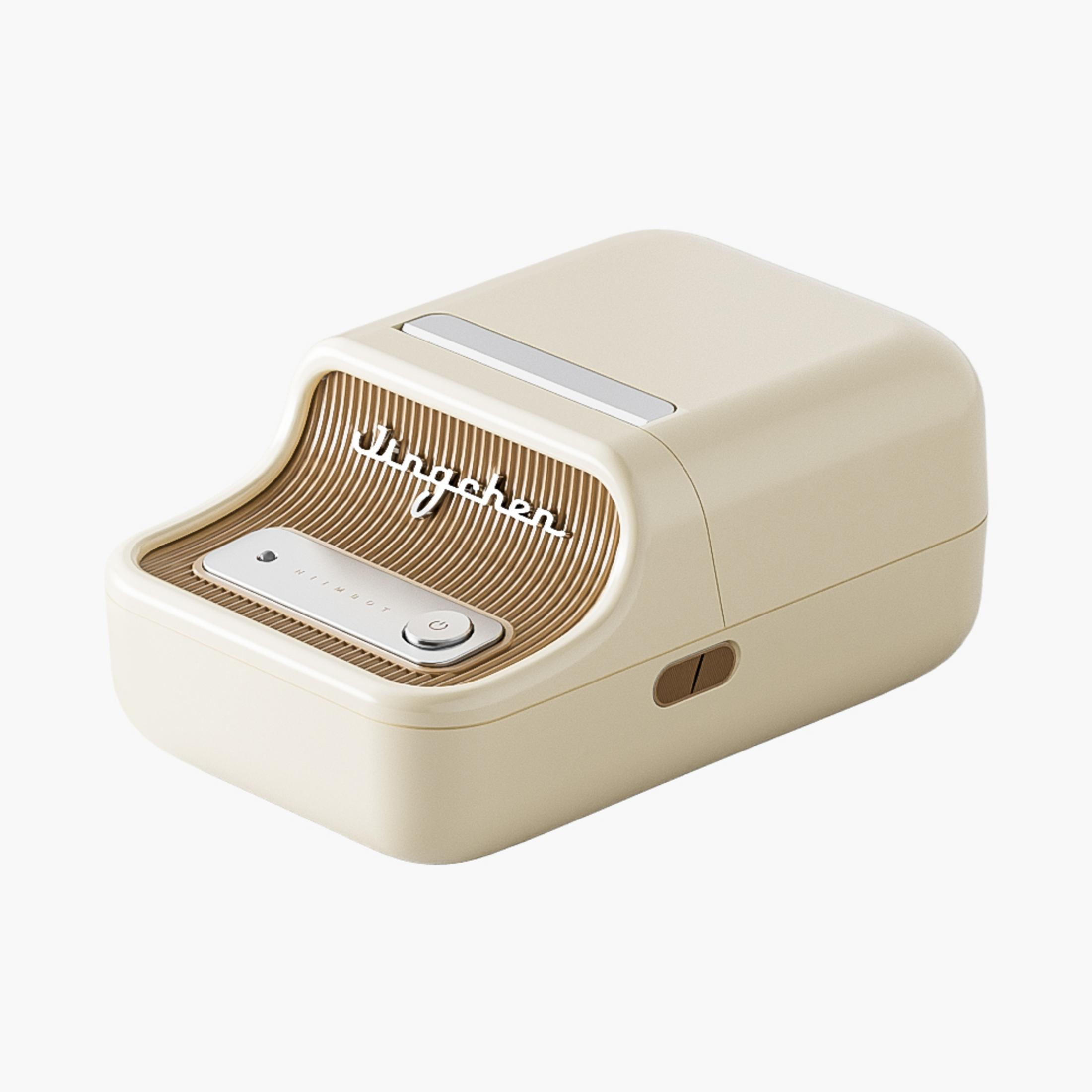 Stampante beige con motivo a onde e pulsante argentato su sfondo bianco.