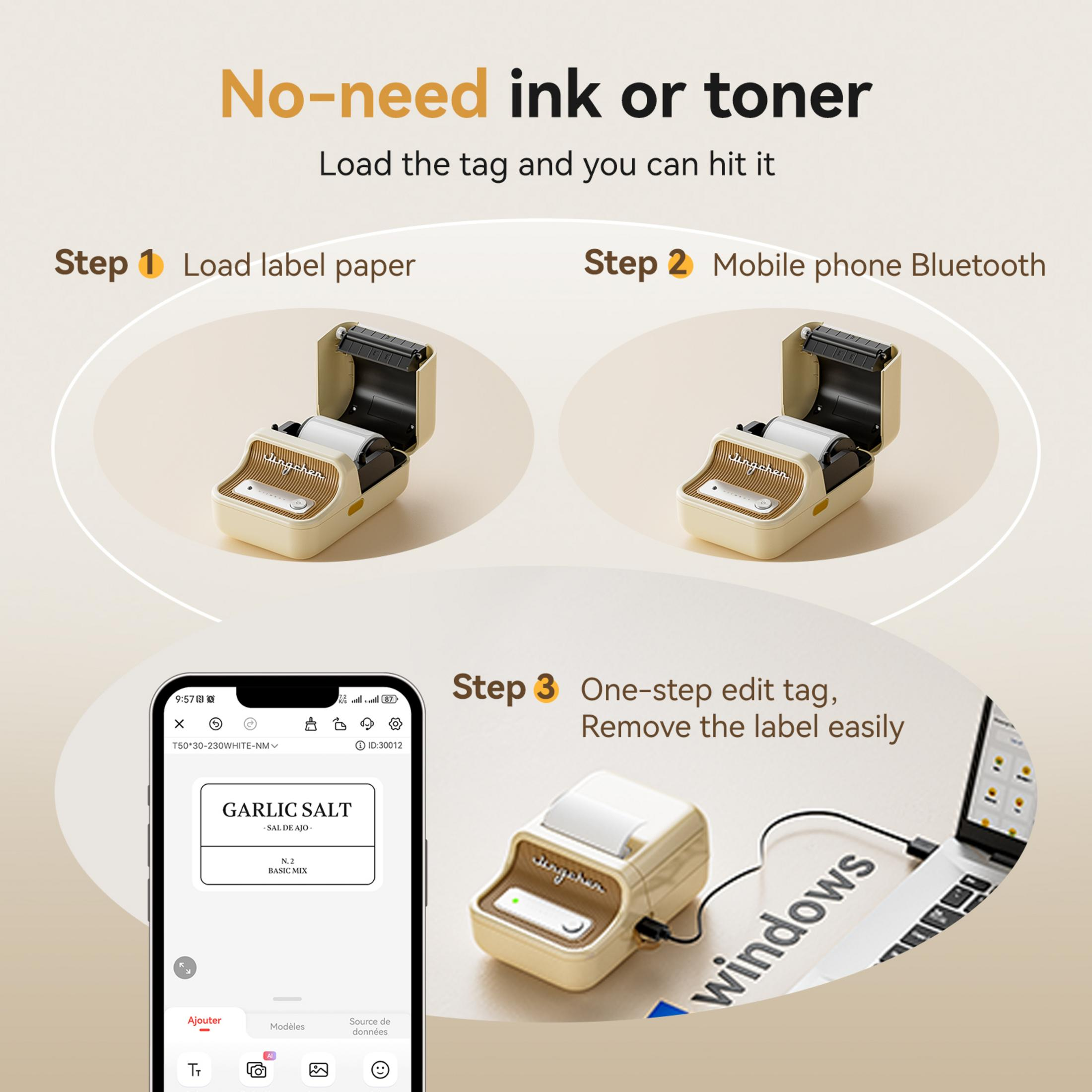 Stampante senza inchiostro/toner. Passaggi: caricare carta, usare Bluetooth, modificare etichette facilmente.