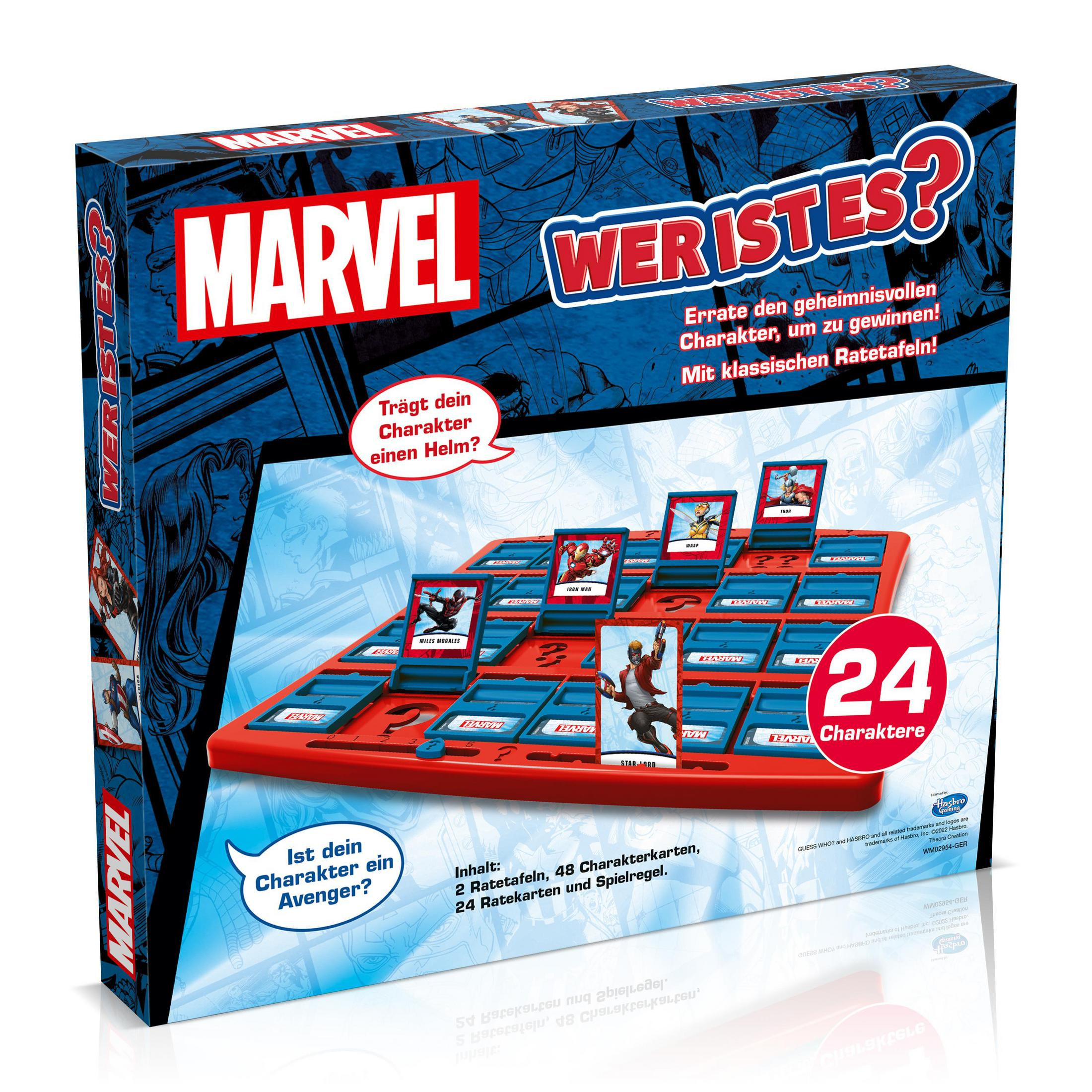 Marvel "Wer ist es?" Brettspiel mit Charakterkarten wie Iron Man, Thor und Wasp.