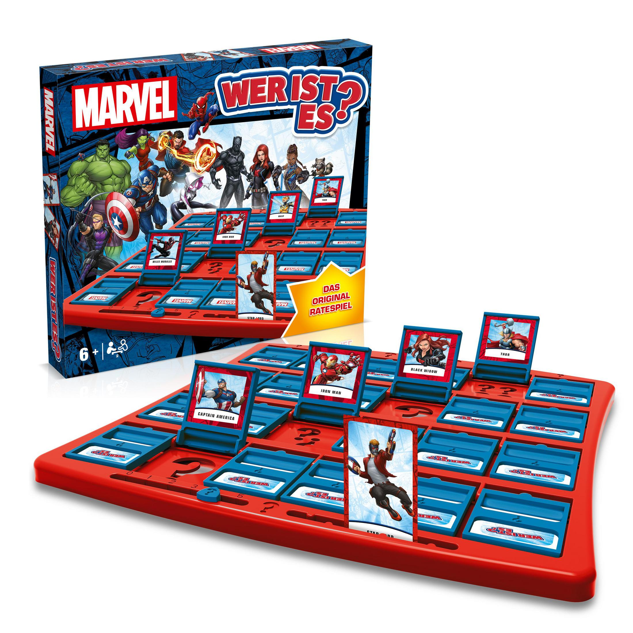 Marvel 'Wer ist es?' Brettspiel mit Charakterkarten und Spielfeld.