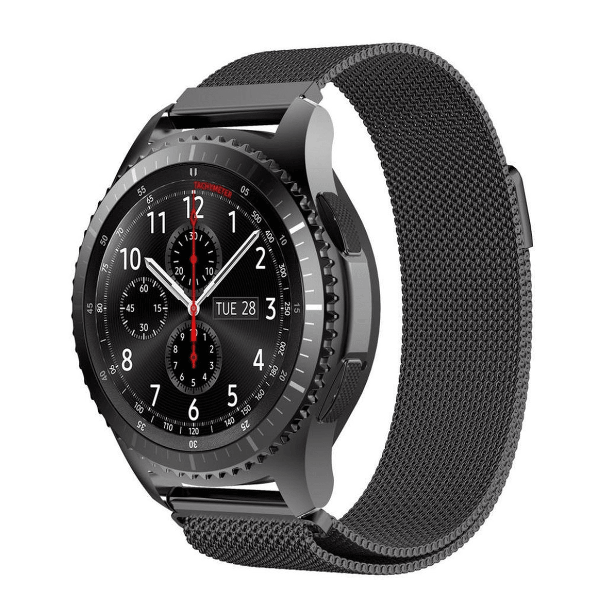 Un reloj inteligente negro con correa de malla muestra la hora Mar 28, con esferas analógicas y digitales.