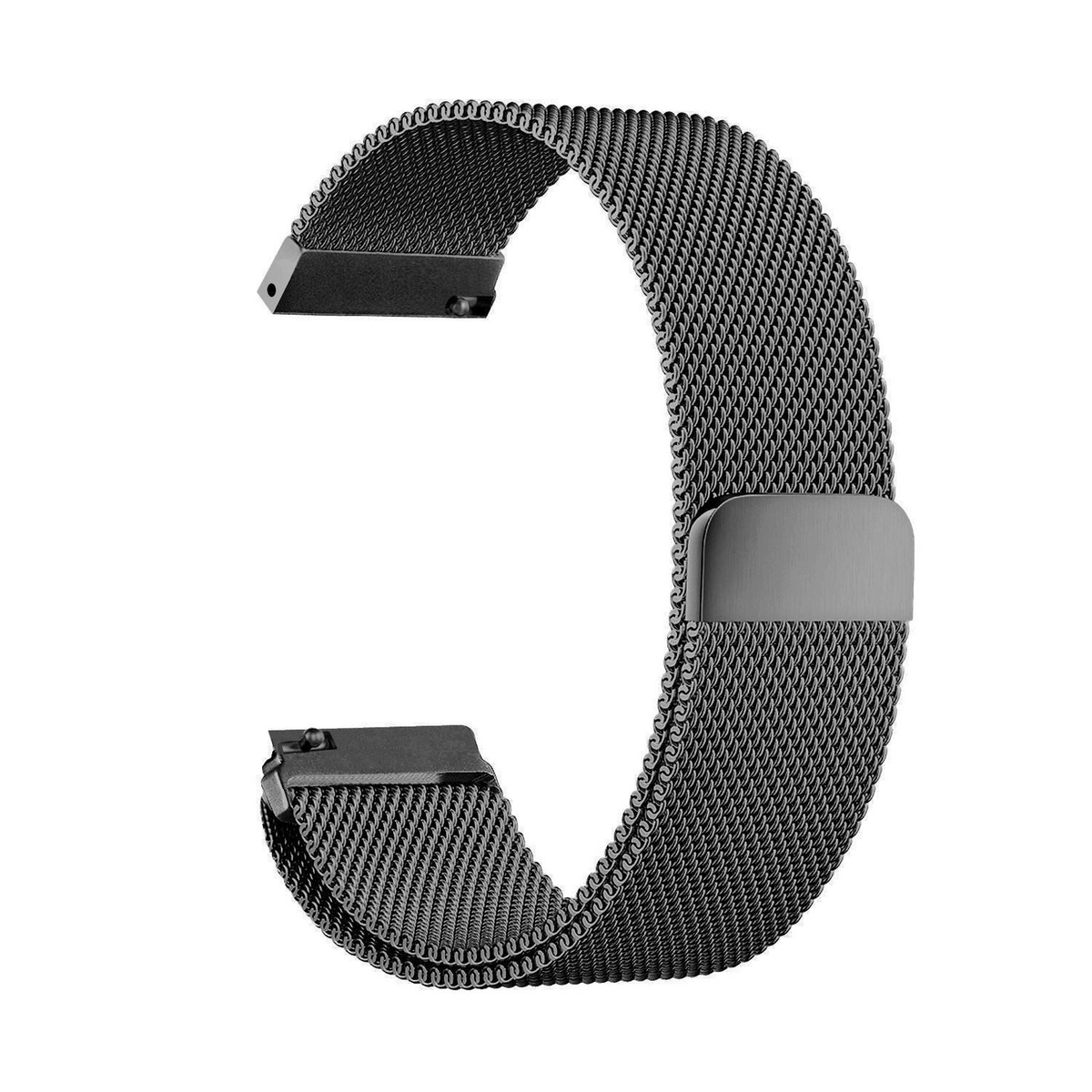 Una correa de metal flexible negra para reloj yace sobre un fondo blanco.