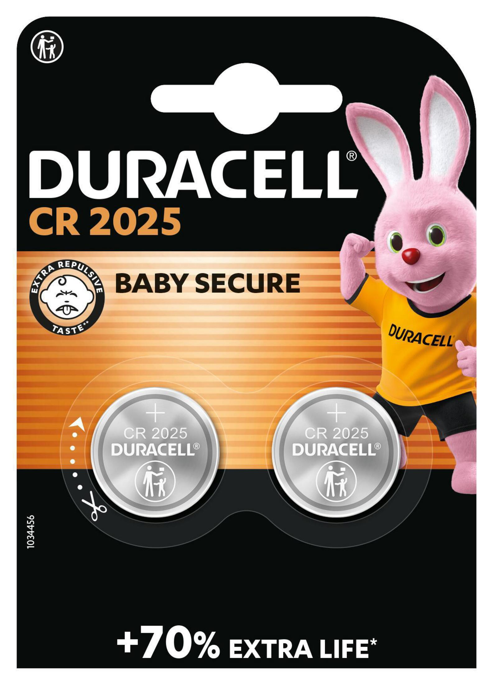 Duracell CR2025 batterijen met babyveilige functie en konijnenmascotte.
