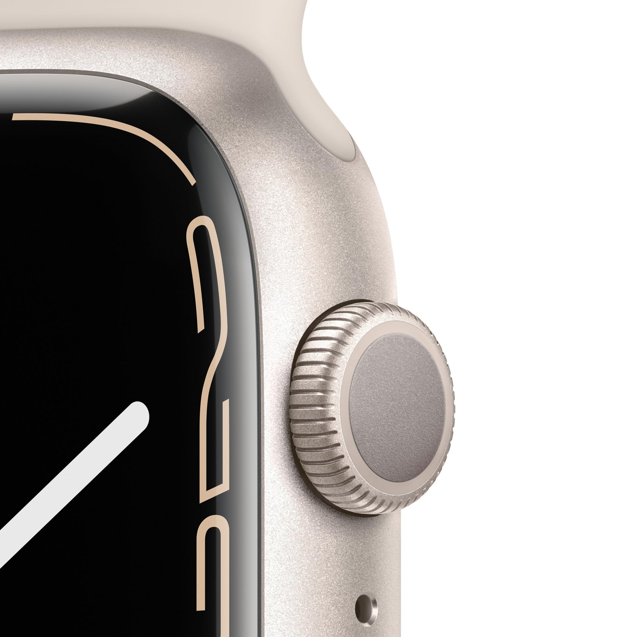 Primer plano de un reloj inteligente plateado con pantalla negra y corona.