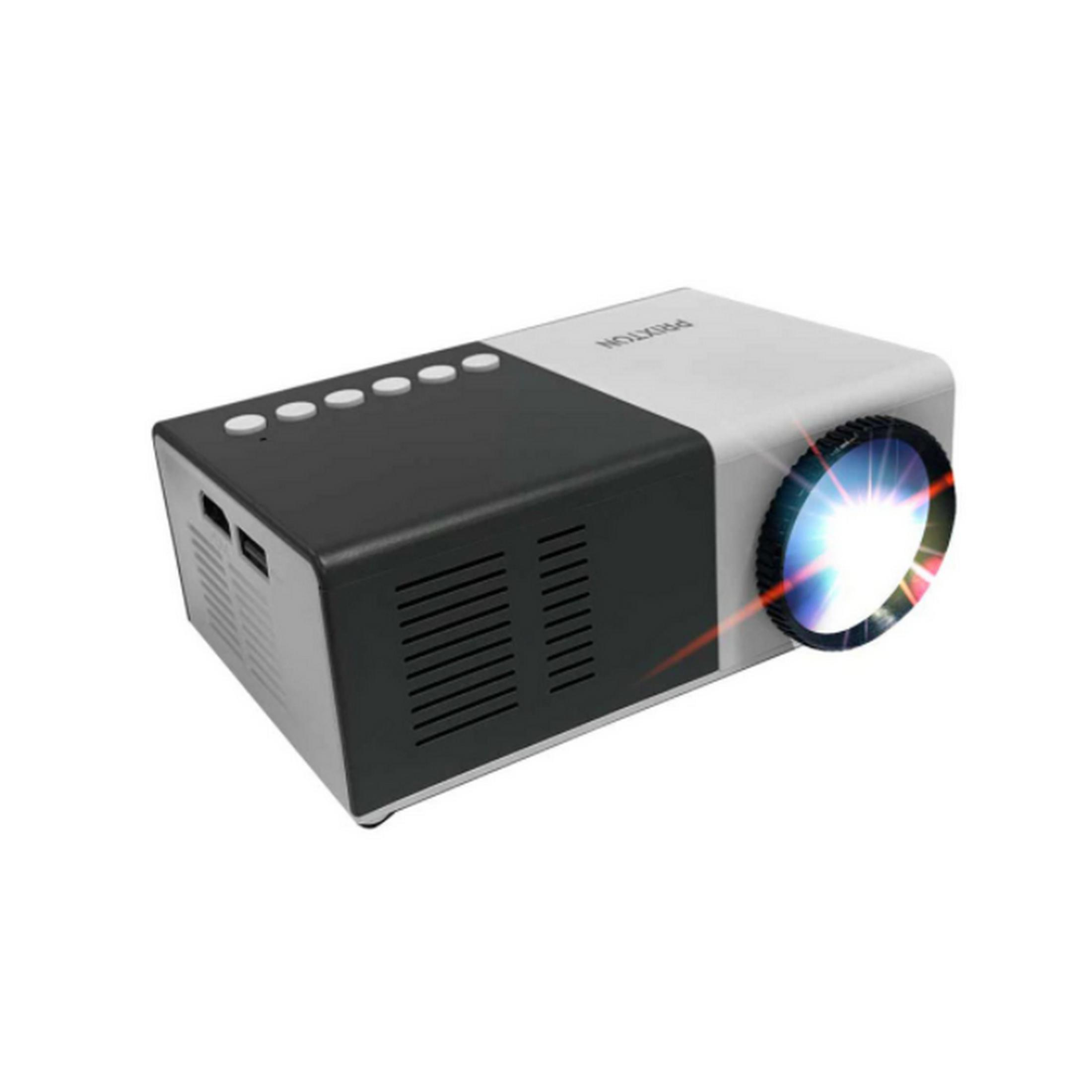 Un proyector pequeño blanco y negro con lente brillante.