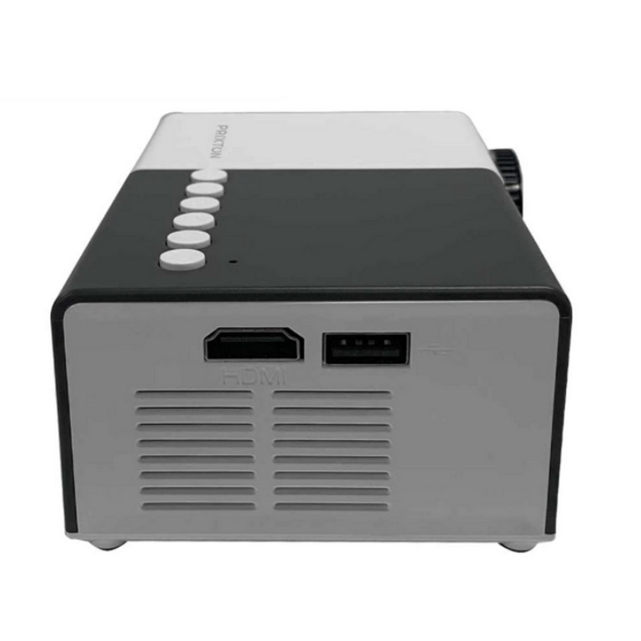 Un proyector compacto y rectangular con puertos HDMI y USB.