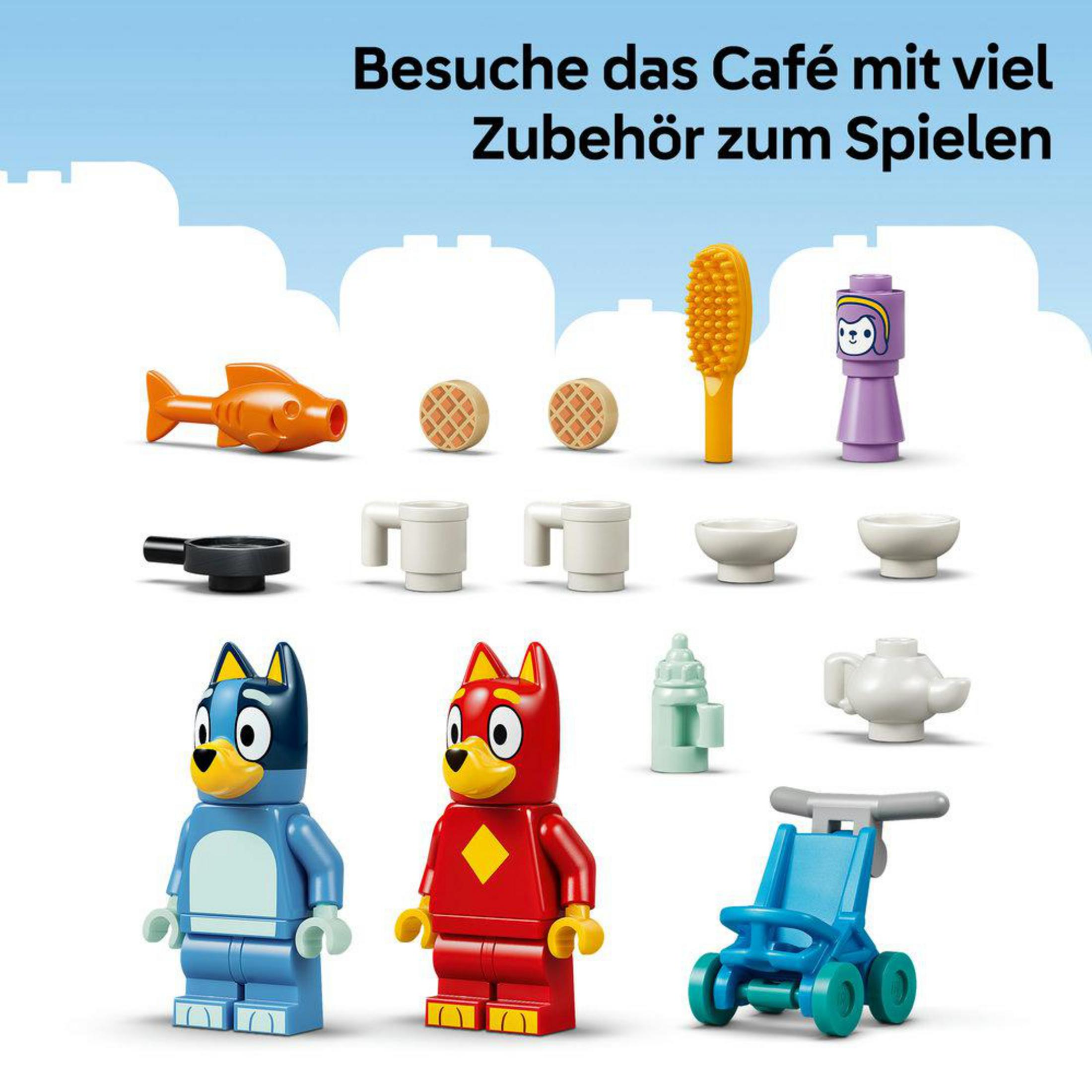 Personaggi e accessori LEGO: pesce, waffle, spazzola, personaggio viola, padella, tazze, ciotole, teiera, biberon, carrello.
