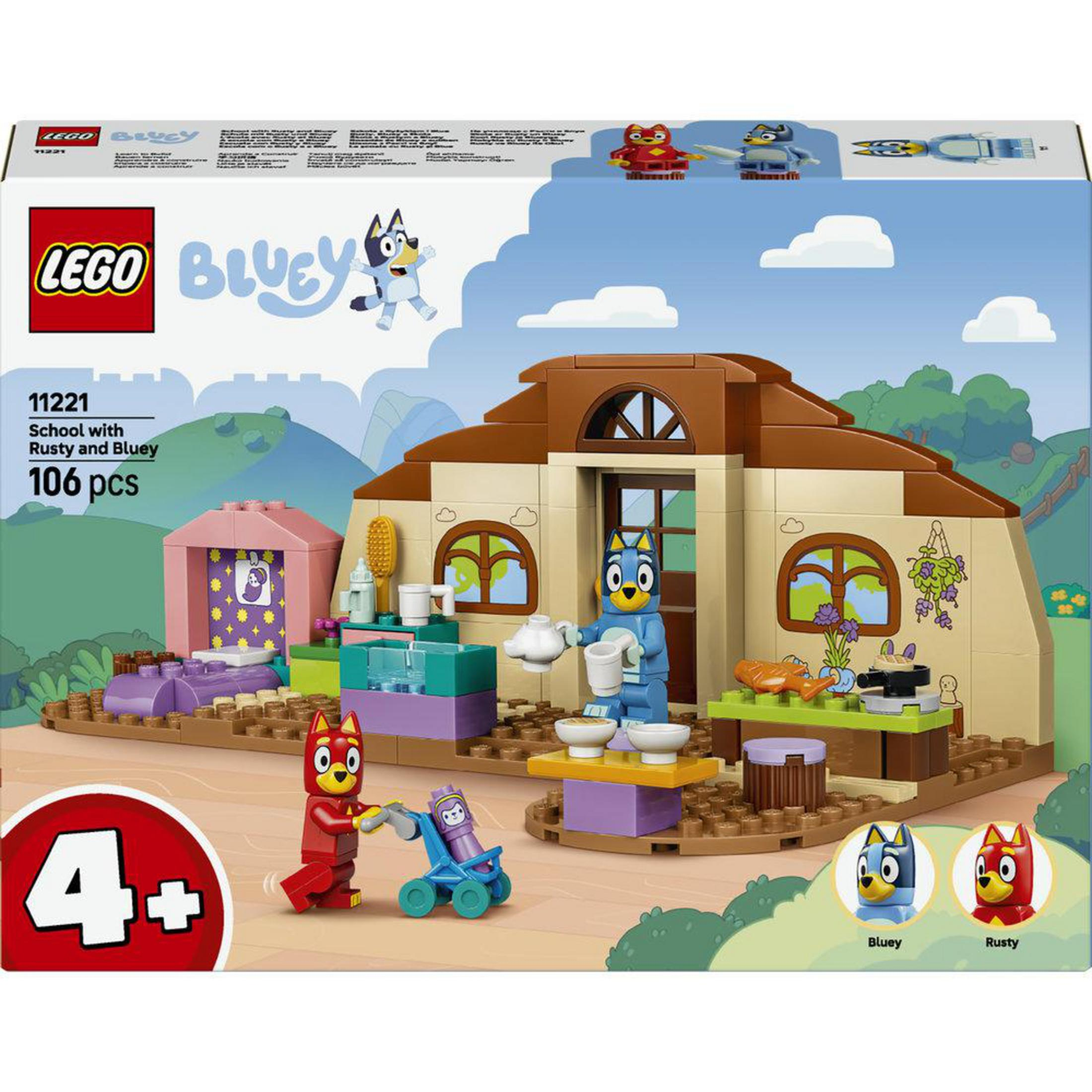 Set scuola LEGO Bluey con Rusty e Bluey, 106 pezzi, dai 4 anni in su.