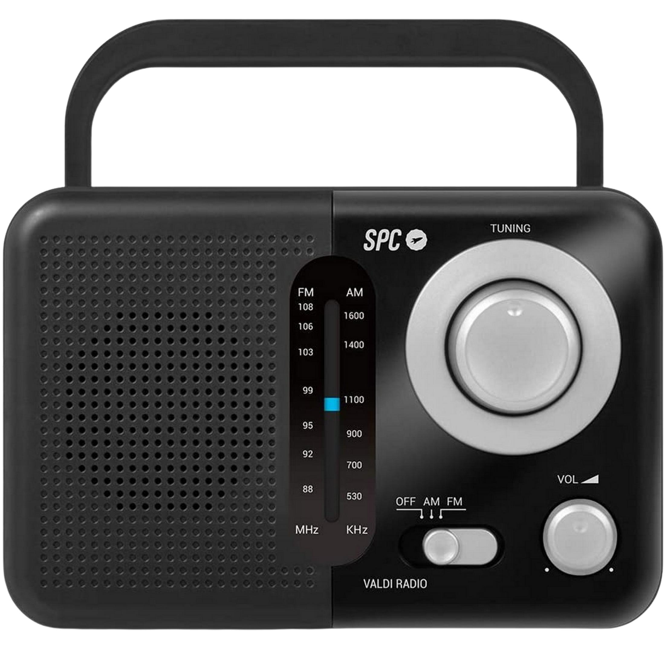 Una radio SPC Valdi nera con quadrante di sintonia AM/FM, manopola del volume e griglia dell'altoparlante.